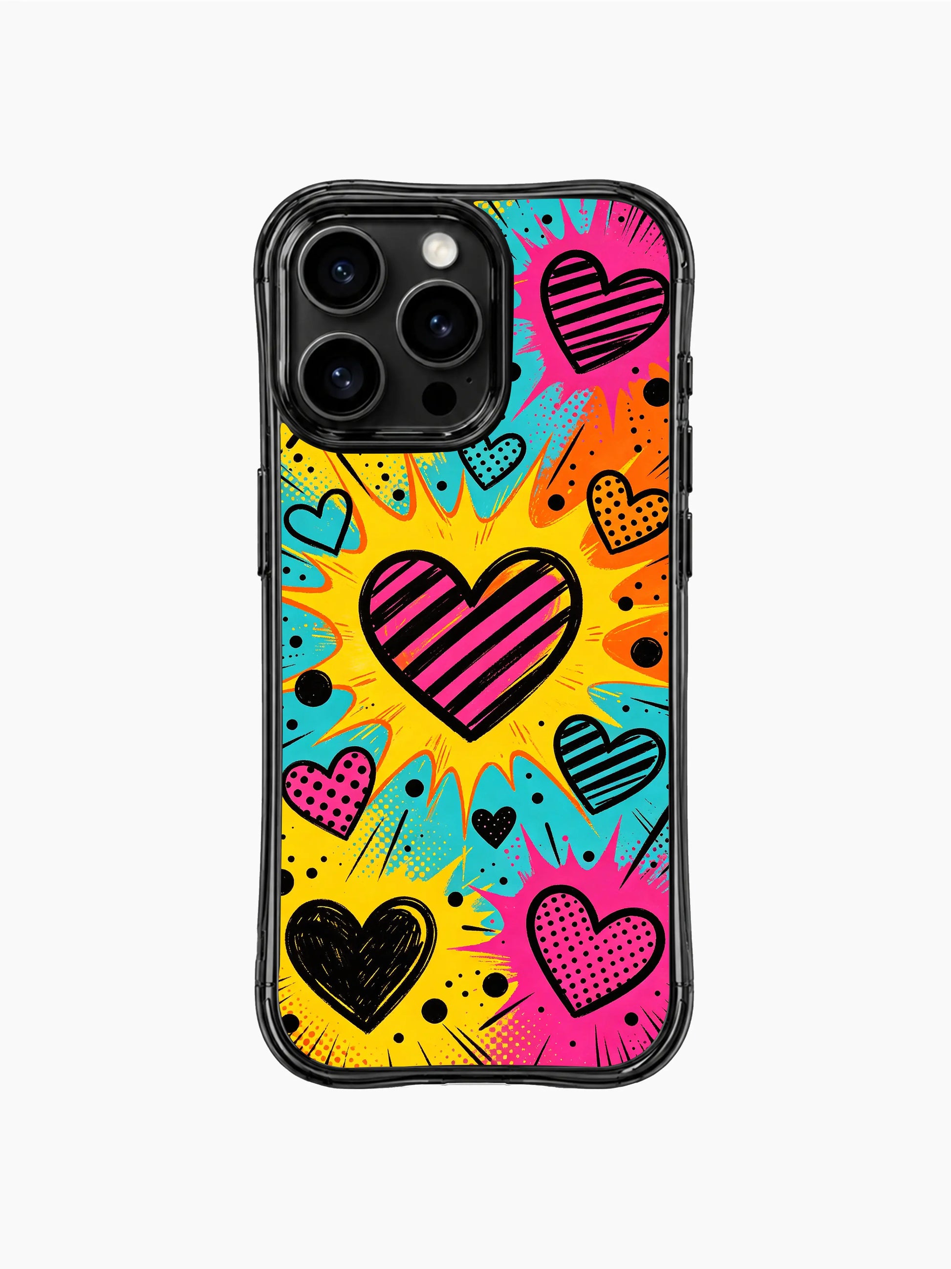 PhoneCasing iPhone 13 Pro Max case two distinct heart textures: horizontal striped fill + halftone polka dot fill, arranged over split neon comic burst color blocks, high contrast pop canvas phone cover casing.