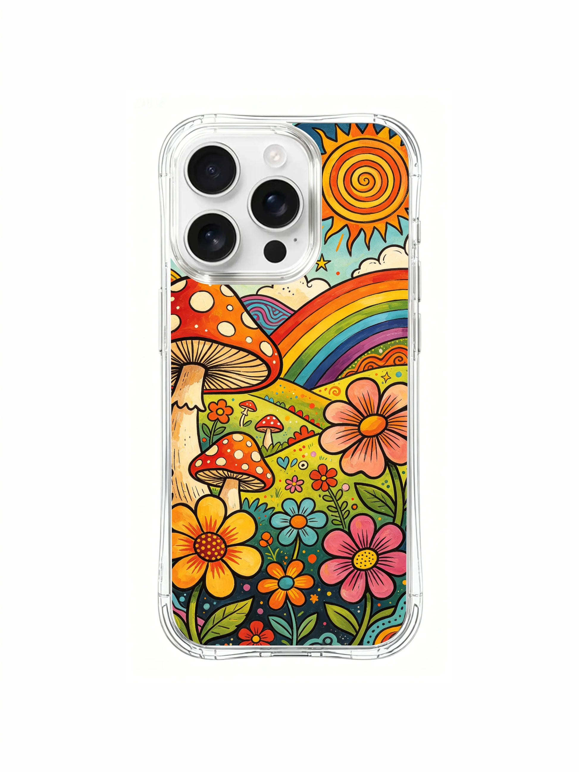 PhoneCasing iPhone 16 pro max Case, layered luxury illustrated casing split into dual-height rolling valley hills, upper hill covered in wild daisies while lower slope filled with clustered red-spot amanita, premium California tailored wearable casing