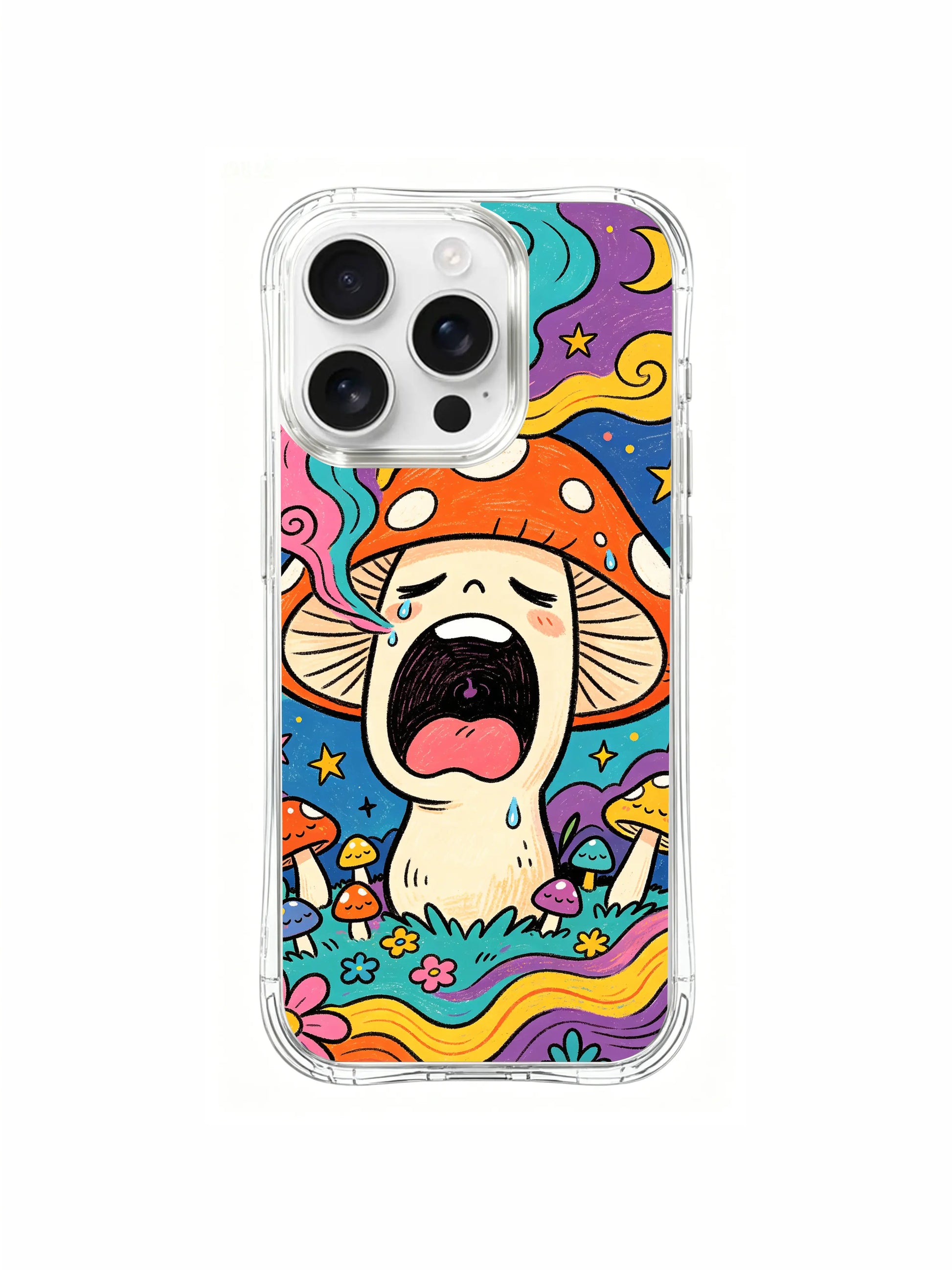 PhoneCasing iPhone 16 pro max Case, layered luxury illustrated casing split into dual-height twilight woodland layers, upper sky filled with crescent moon & twinkling stars while lower ground filled with clustered red-spot sleepy amanita, premium California tailored wearable casing.