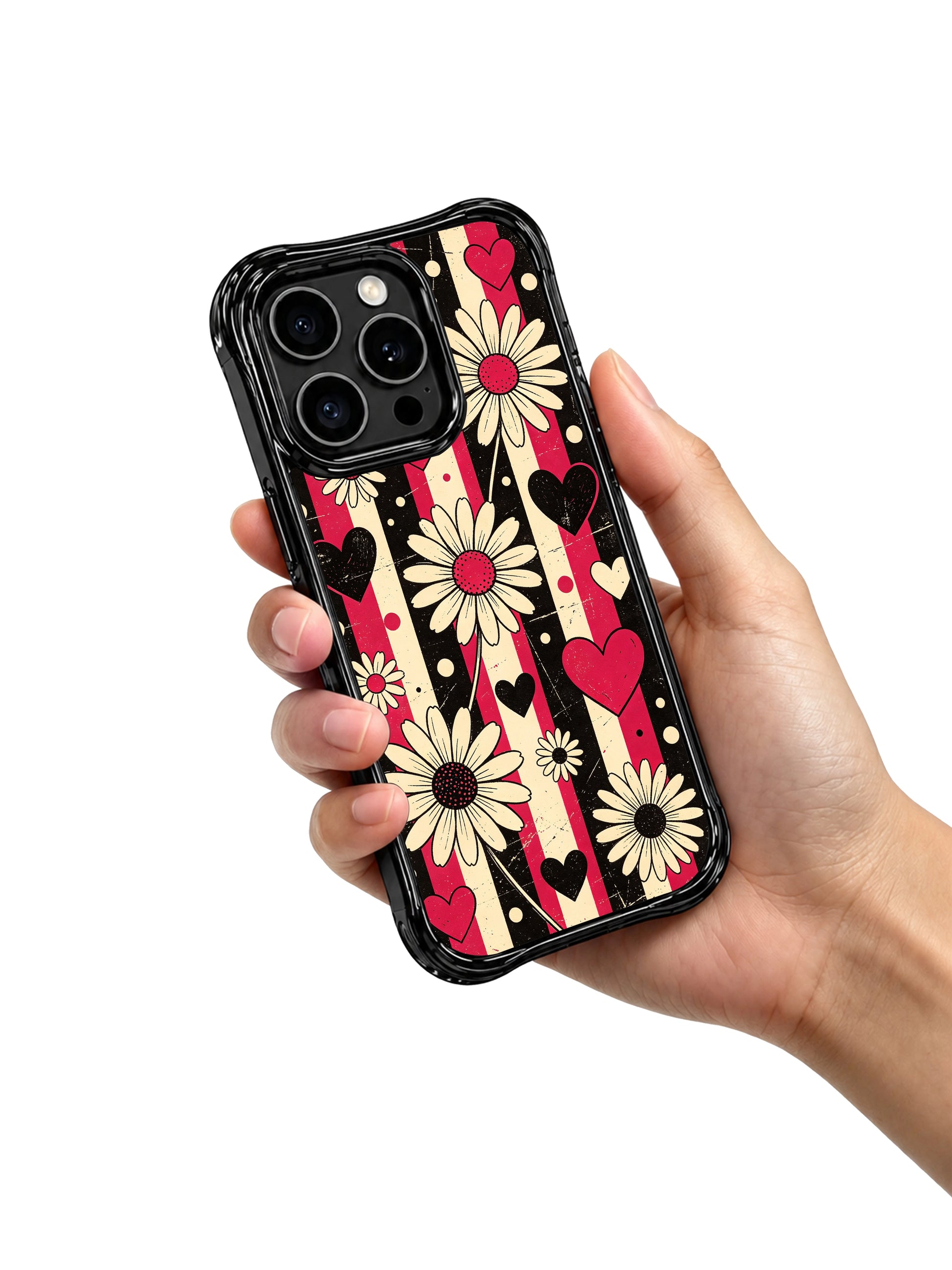 PhoneCasing iPhone 16 pro Case with soft dual-tone red cream heart silhouettes and scattered multi-size polka dot speckles layered over dark grunge stripe layout, part of Ruby Daze collection, fade resistant wavy art casing.