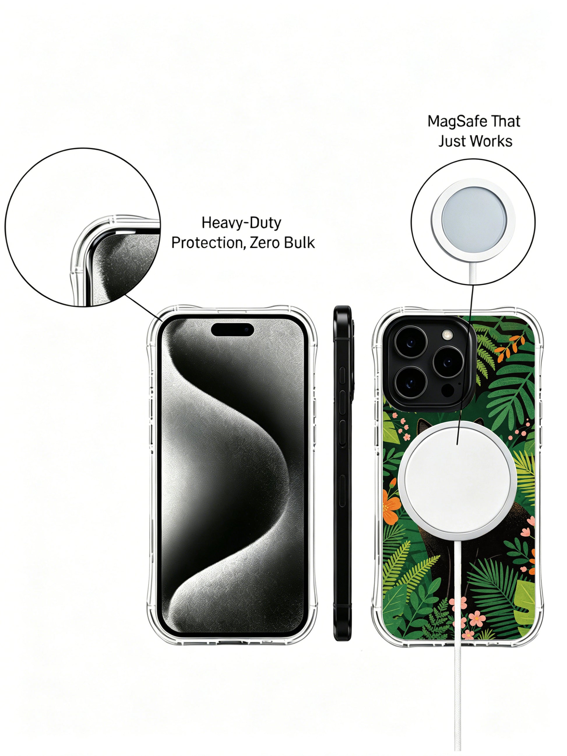 Earthy tone botanical PhoneCasing iPhone 13 pro Case, lightweight protective phone casing printed with resting black wildcat dotted by tiny warm-hued jungle flowers, casual chic decorative iPhone cover.