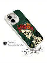 PhoneCasing deep green textured vivid crown flower skeleton iPhone 16 Case, classic American traditional tattoo print, stain resistant glossy long-lasting iPhone 16 casing