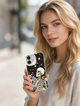 PhoneCasing black textured multicolor petal skeleton iPhone 16 Case, classic American traditional watercolor tattoo print, stain resistant glossy long-lasting iPhone 16 casing