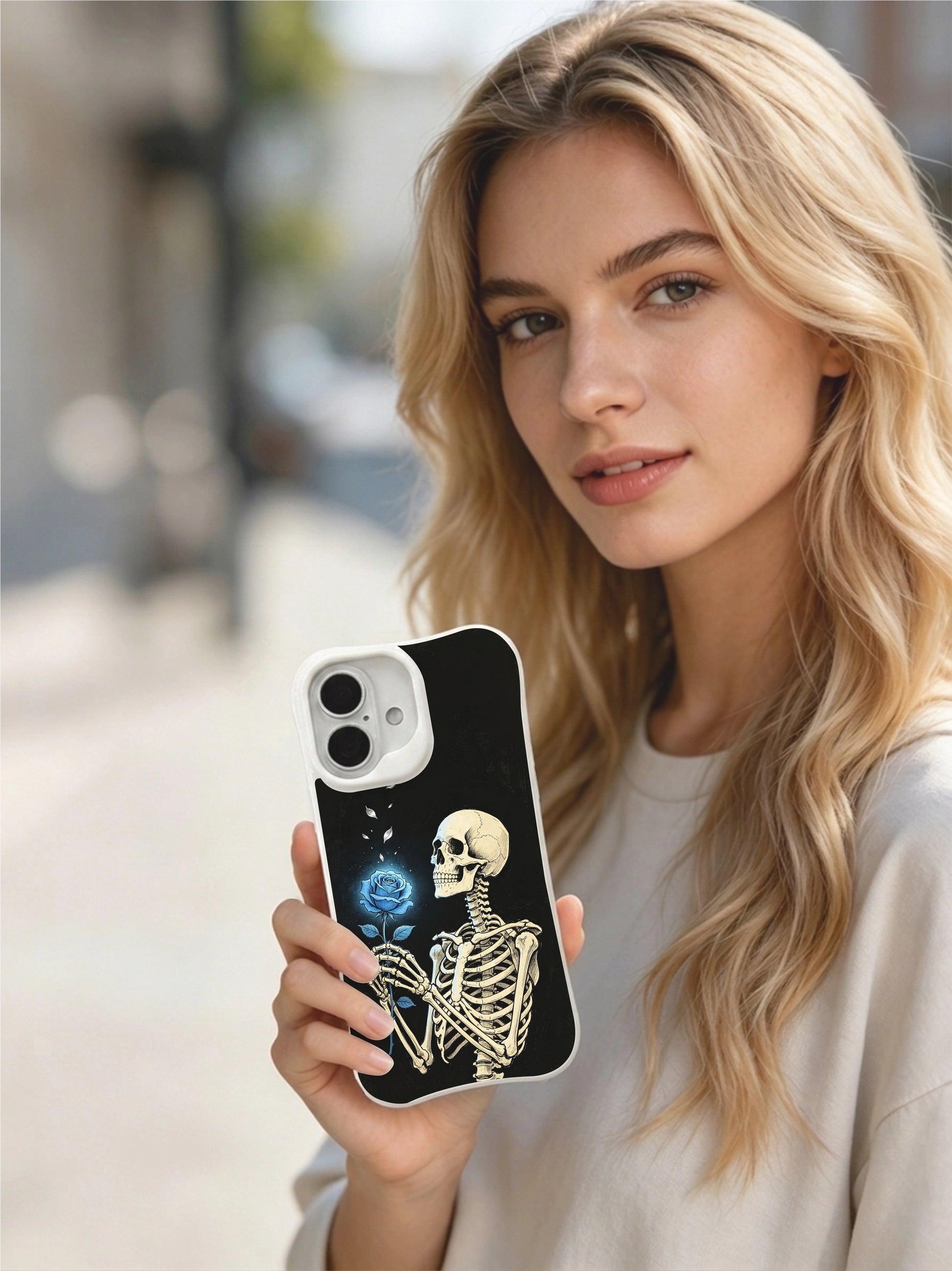 PhoneCasing black textured luminous blue rose skeleton iPhone 16 Case, classic American traditional tattoo print, stain resistant glossy long-lasting iPhone 16 casing