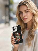 PhoneCasing black textured vivid multi-flower skeleton iPhone 16 Case, classic American traditional tattoo print, stain resistant glossy long-lasting iPhone 16 casing