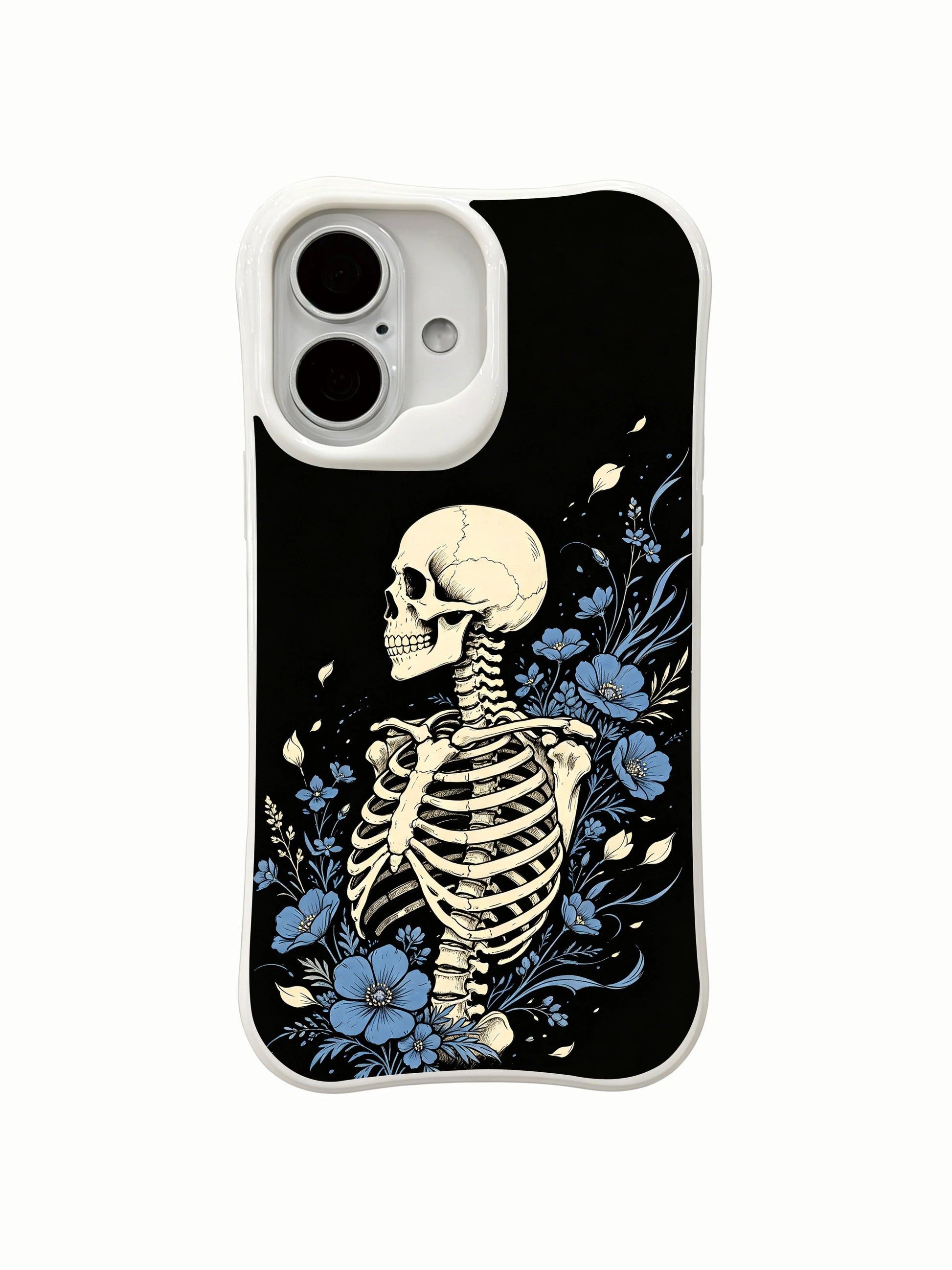 PhoneCasing black textured cerulean wildflower rib skeleton iPhone 16 Case, classic American traditional tattoo print, stain resistant glossy long-lasting iPhone 16 casing