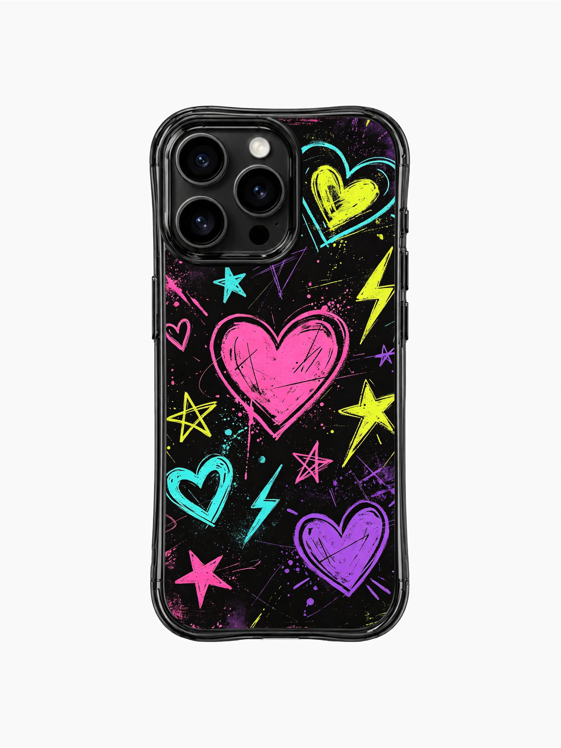 PhoneCasing Sweet Rebel Hearts iPhone 13 Pro Max case, dark black grunge base, neon pastel outline hearts, star burst scribble edgy pop art phone shell