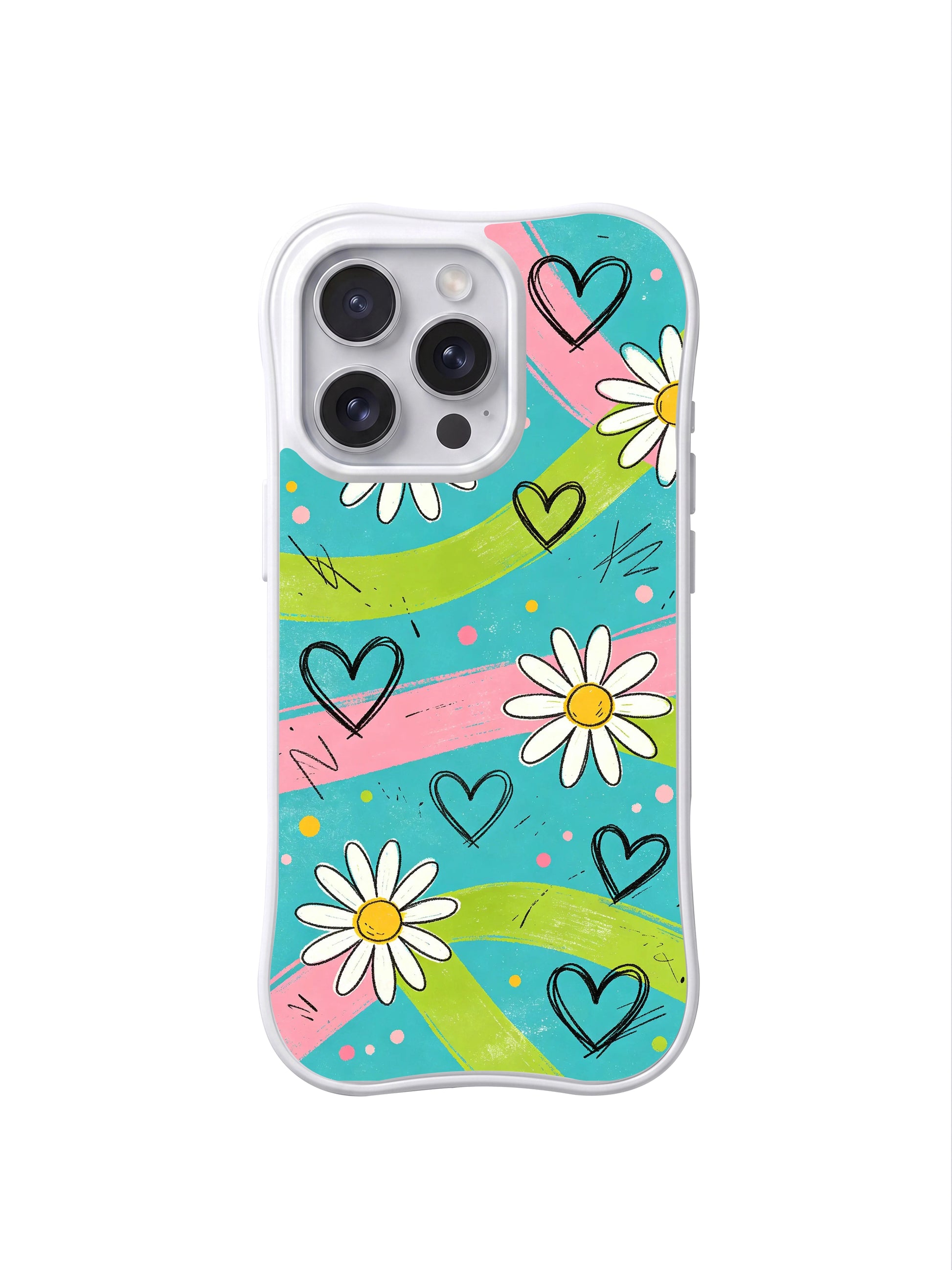 PhoneCasing iPhone 16 pro Case with full-coverage balanced layered textured pastel streak loose sketch daisy heart layout delivering light airy summer mood without childish oversweetness, Ruby Daze free-spirited wanderlust design, slim lightweight wavy premium case.
