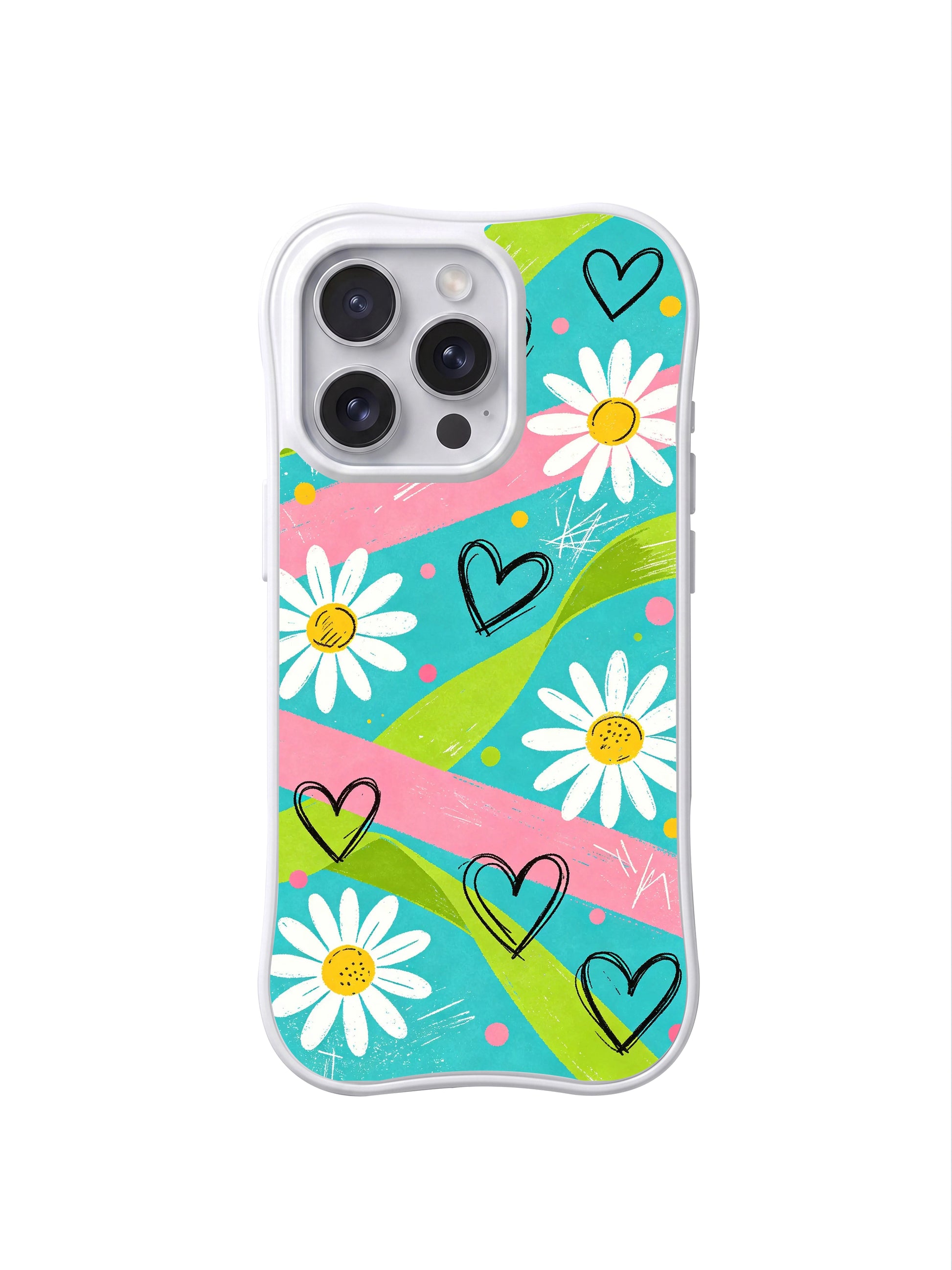 PhoneCasing iPhone 16 pro Case with imperfect organic rough black hand sketch outlines for cream daisy petals adding raw street counterbalance to soft pastel streaks, Ruby Daze handmade summer picnic pop art, gallery grade wavy print casing.