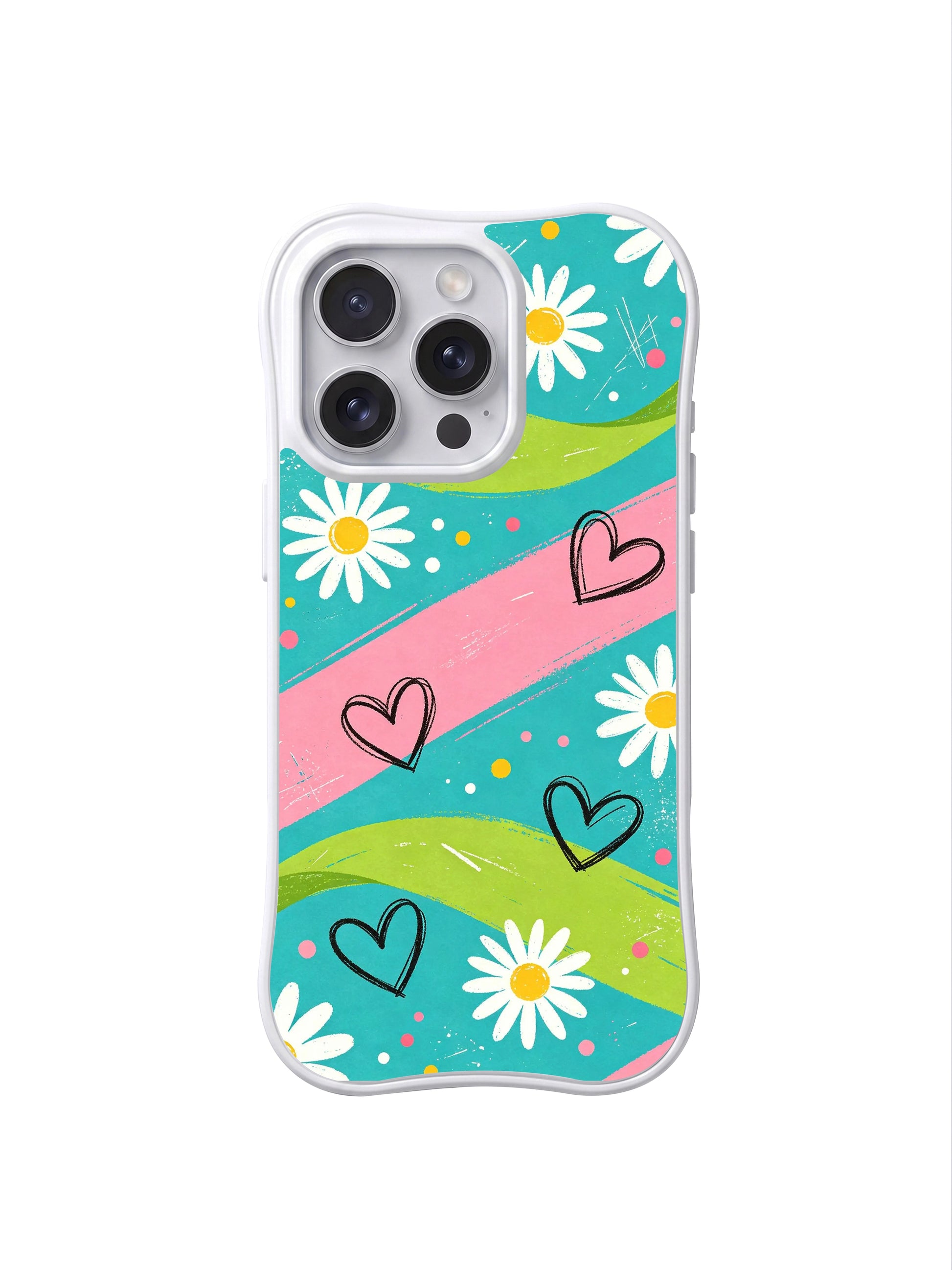PhoneCasing iPhone 16 pro Case with organic uneven textured lime and pink sweeping paint streaks crossing turquoise canvas, paired with rough black sketch daisy hearts, Ruby Daze summer picnic illustration, tough premium phone casing.