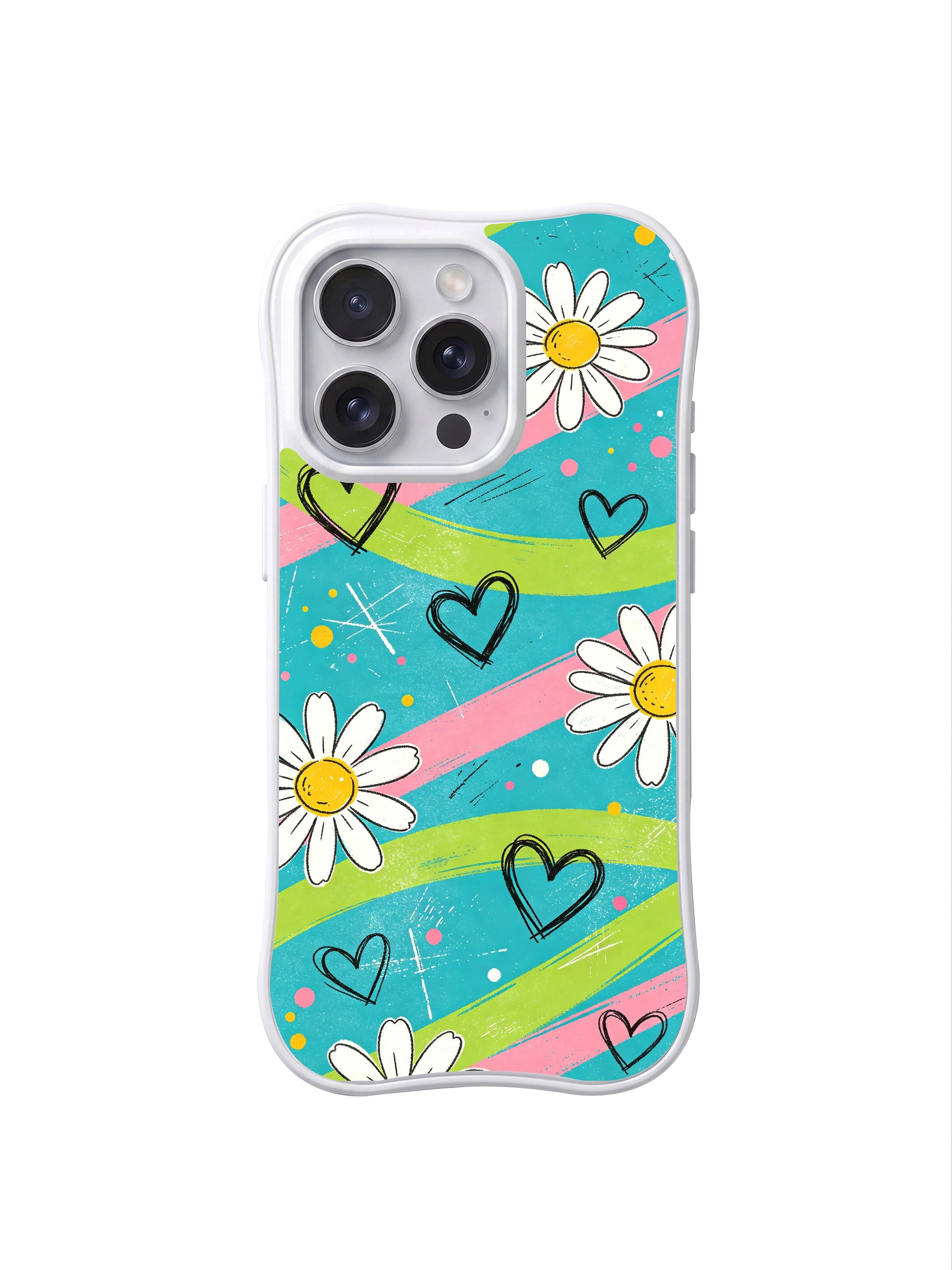 PhoneCasing iPhone 16 pro Case with unrefined loose black hand sketch outlines for daisy petals and floating heart doodles adding subtle street edge to soft pastel palette, Ruby Daze light joyful pop floral art, scratch resistant wavy casing.