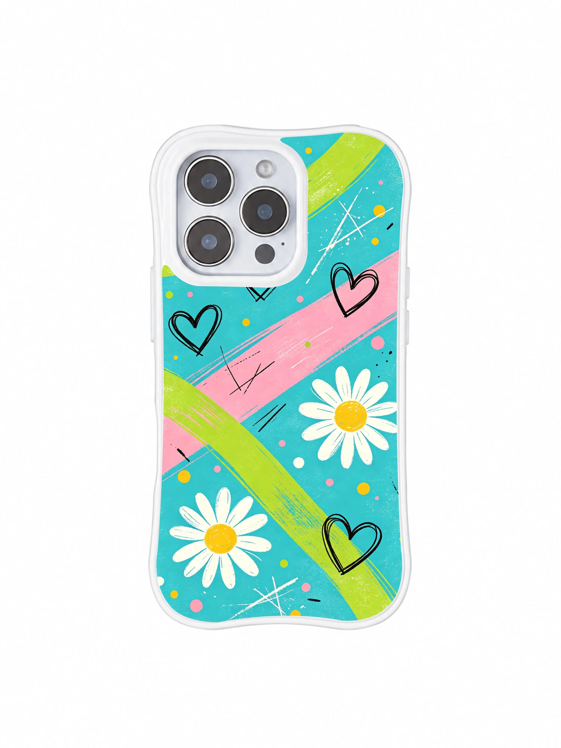 PhoneCasing iPhone 16 pro Case with scattered weightless hand-drawn black scribble heart doodles drifting between lime pink textured streaks and daisy blooms, playful Ruby Daze Electric Picnic Flowers floral design, stylish women’s phone casing.