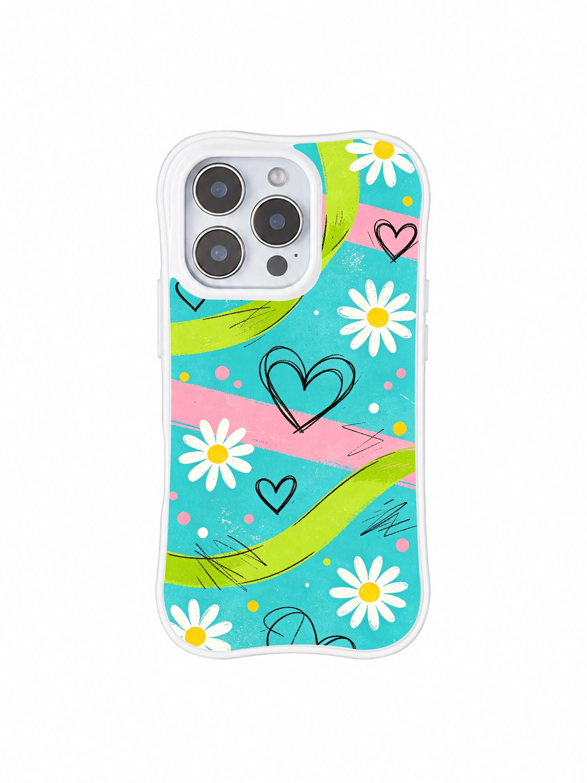 PhoneCasing iPhone 16 pro Case themed on gentle optimism, simple joyful freedom and the giddy light pre-picnic summer mood with textured streak sketch daisy heart graphics, Ruby Daze Daisy Love Riot printed wavy art casing.