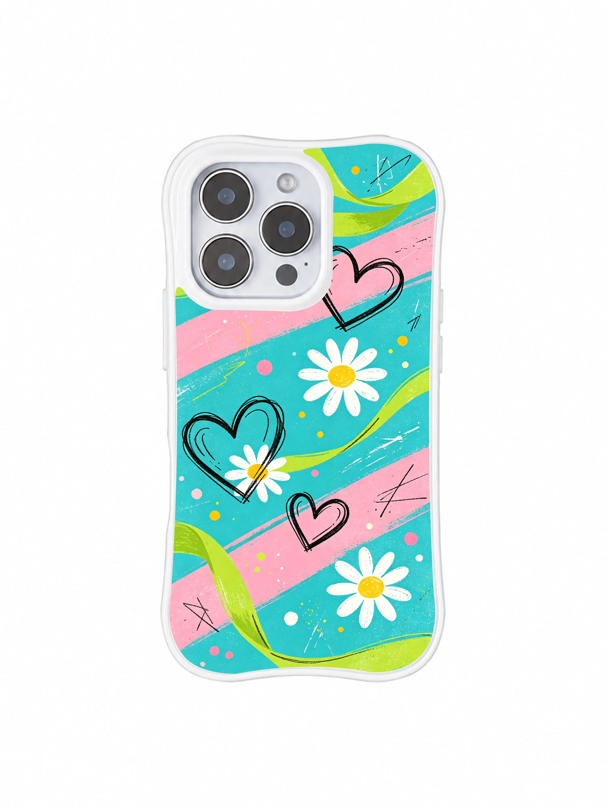 PhoneCasing iPhone 16 pro Case combining soft weightless youthful pastel picnic warmth and subtle raw urban street sketch black line texture, Ruby Daze Electric Picnic Flowers signature pop print, premium wearable wavy white floral casing.