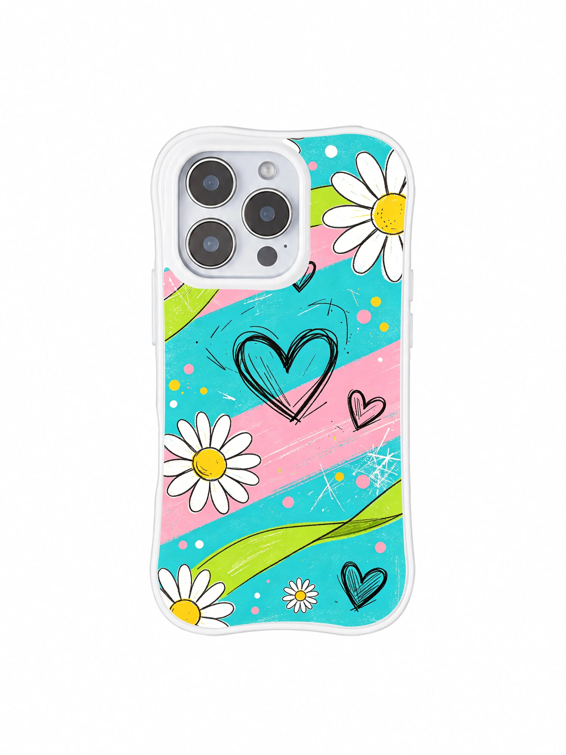 PhoneCasing iPhone 16 pro Case with unrefined loose black hand sketch outlines for daisy petals and floating heart doodles adding subtle street edge to soft pastel palette, Ruby Daze light joyful pop floral art, scratch resistant wavy casing