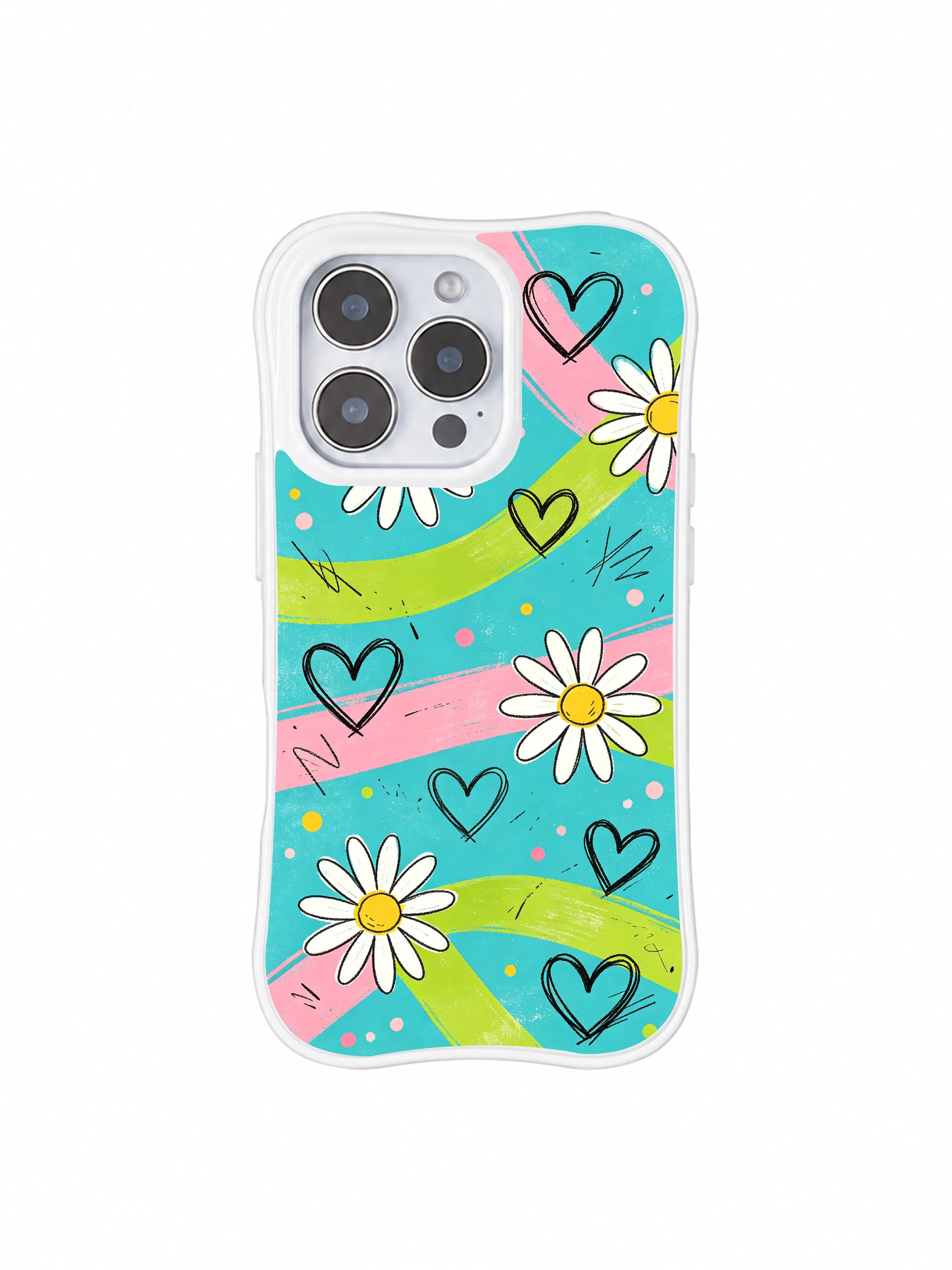 PhoneCasing iPhone 16 pro Case with imperfect organic rough black hand sketch outlines for cream daisy petals adding raw street counterbalance to soft pastel streaks, Ruby Daze handmade summer picnic pop art, gallery grade wavy print casing.