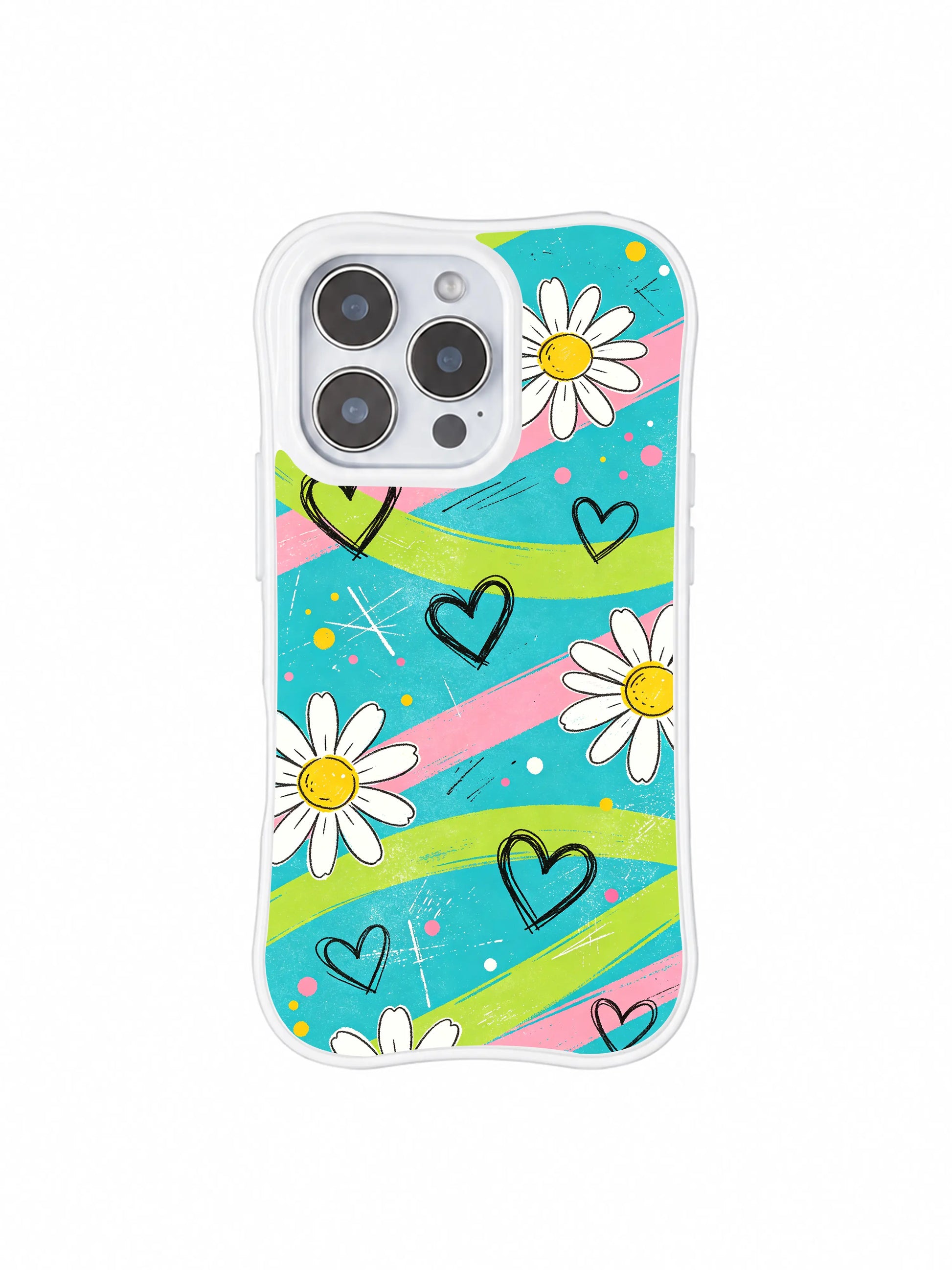 PhoneCasing iPhone 16 pro Case with breezy summer outdoor picnic street sketch wall poster composition built on electric turquoise pastel streaks and loose daisy heart doodles, exclusive Ruby Daze artist collab heavy-duty protective art case.