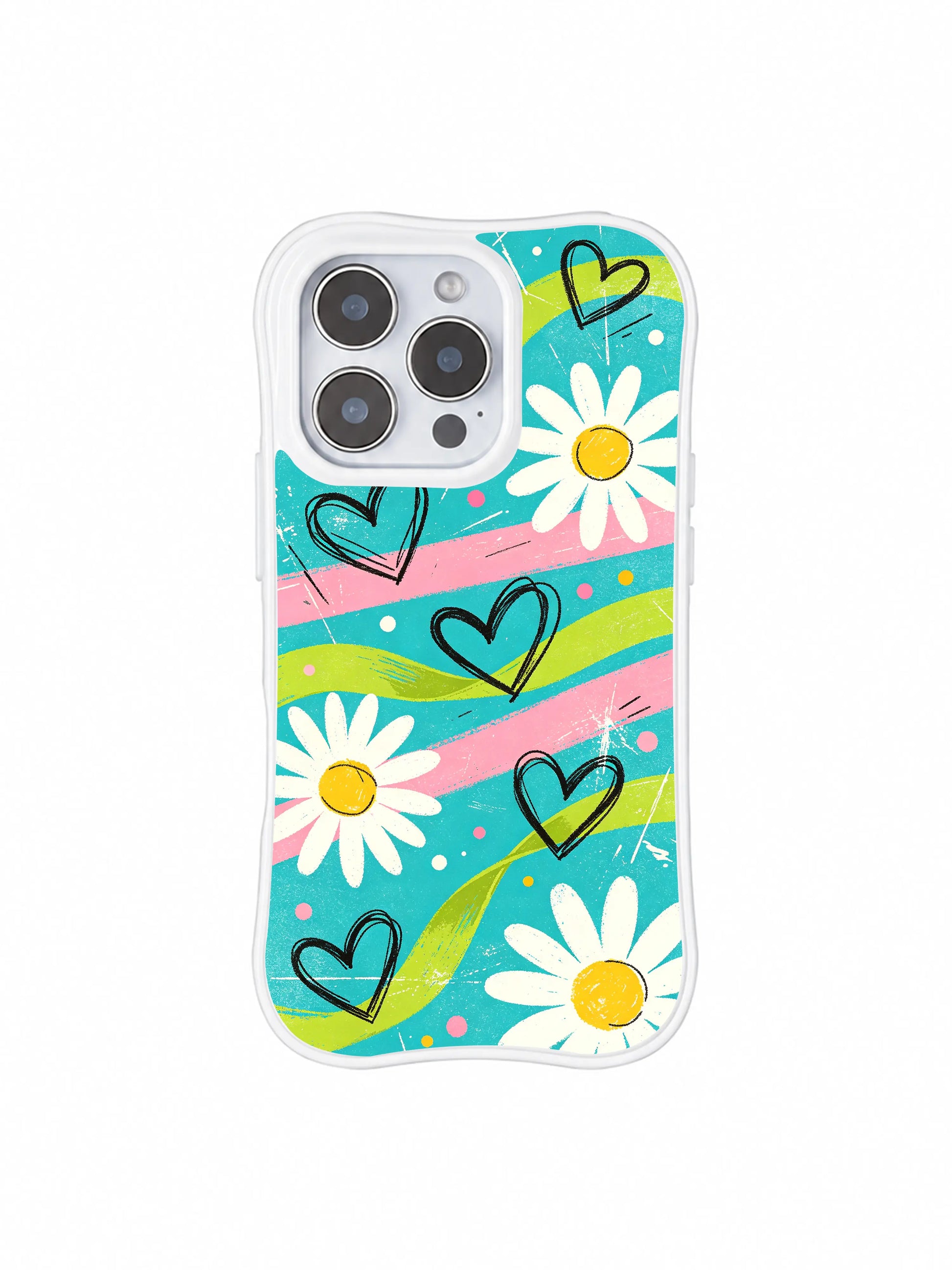 PhoneCasing iPhone 16 pro Case with scattered mini speckle dots and thin scratch mark scribble doodles as subtle layered summer picnic texture details, exclusive Ruby Daze wearable wavy frame floral sketch art.