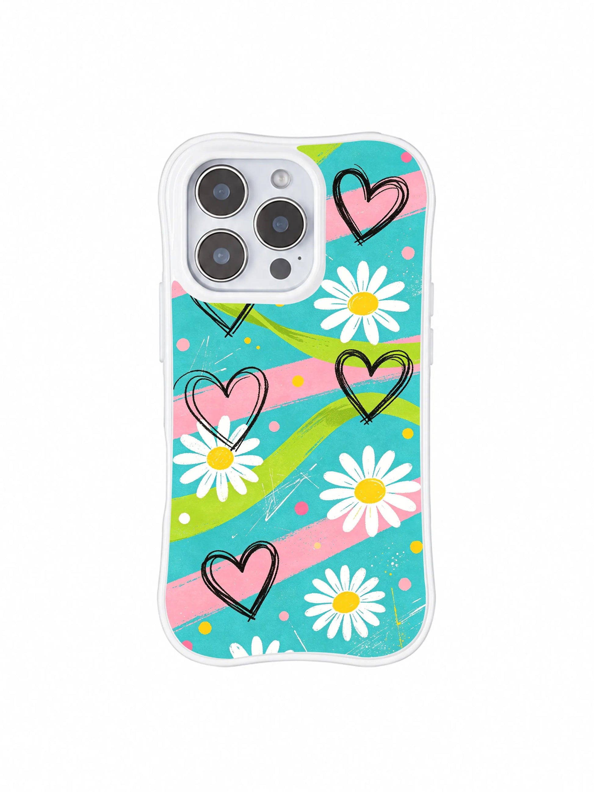 PhoneCasing iPhone 16 pro Case featuring bright electric turquoise summer picnic backdrop layered textured lime pink streaks and loose hand sketch cream daisies from Ruby Daze Electric Picnic Flowers, wavy white frame premium art casing for iPhone 16 pro.