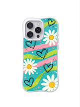 PhoneCasing iPhone 16 pro Case with scattered weightless hand-drawn black scribble heart doodles drifting between lime pink textured streaks and daisy blooms, playful Ruby Daze Electric Picnic Flowers floral design, stylish women’s phone casing.