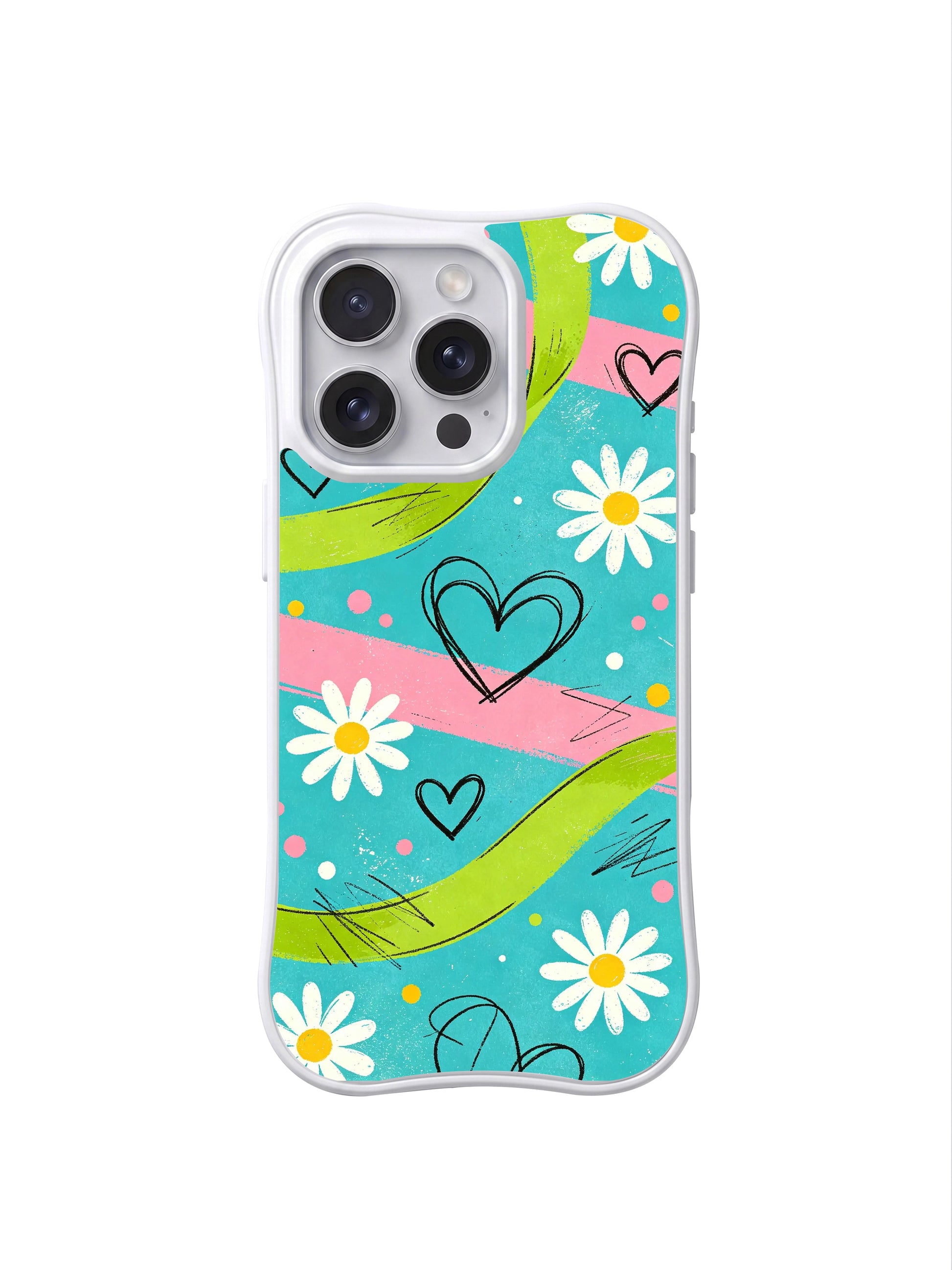 PhoneCasing iPhone 16 pro Case combining soft weightless youthful pastel picnic warmth and subtle raw urban street sketch black line texture, Ruby Daze Electric Picnic Flowers signature pop print, premium wearable wavy white floral casing.