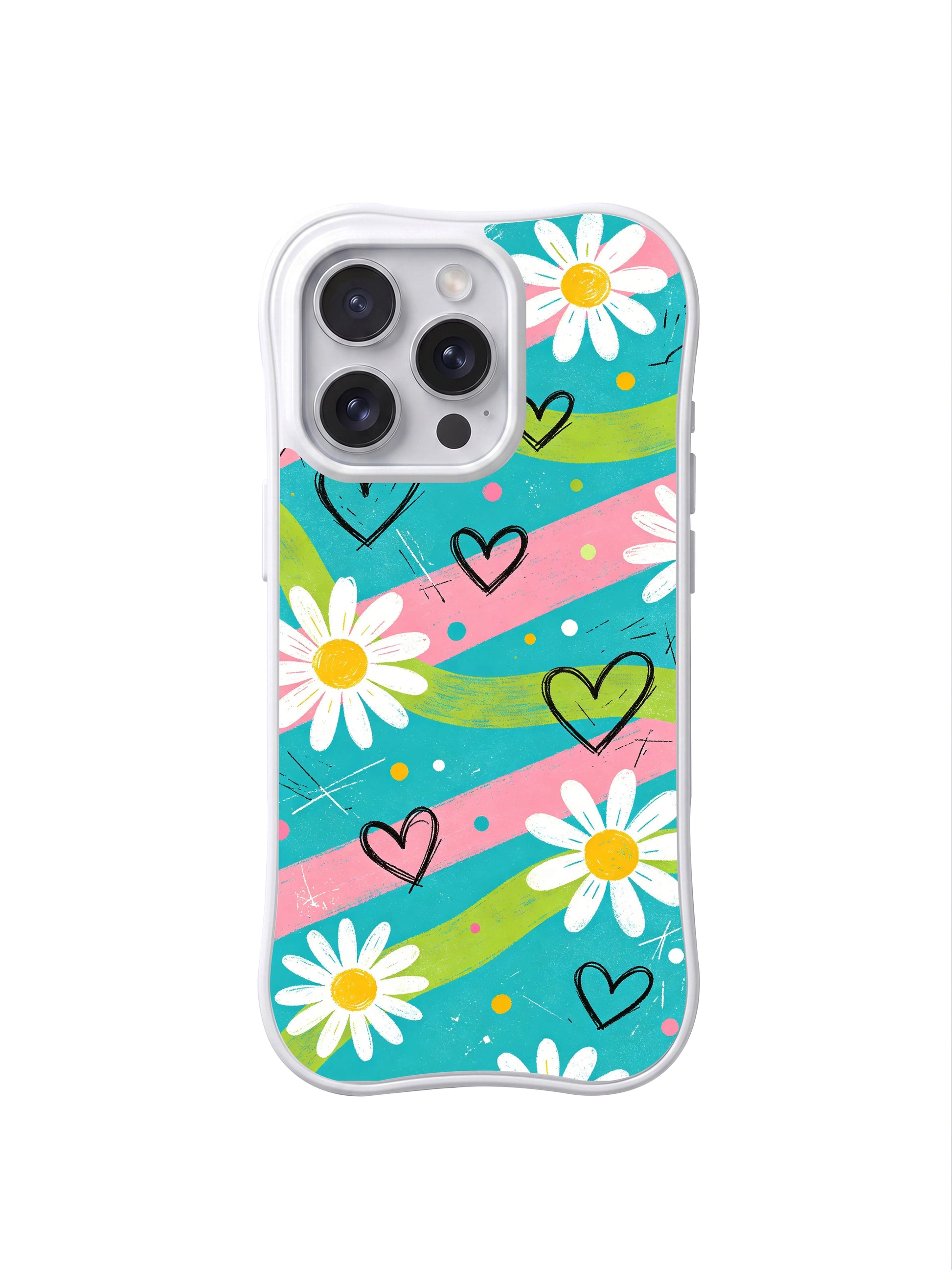 PhoneCasing iPhone 16 pro Case featuring bright electric turquoise summer picnic backdrop layered textured lime pink streaks and loose hand sketch cream daisies from Ruby Daze Electric Picnic Flowers, wavy white frame premium art casing for iPhone 16 pro.