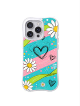 PhoneCasing iPhone 16 pro Case with breezy summer outdoor picnic street sketch wall poster composition built on electric turquoise pastel streaks and loose daisy heart doodles, exclusive Ruby Daze artist collab heavy-duty protective art case.