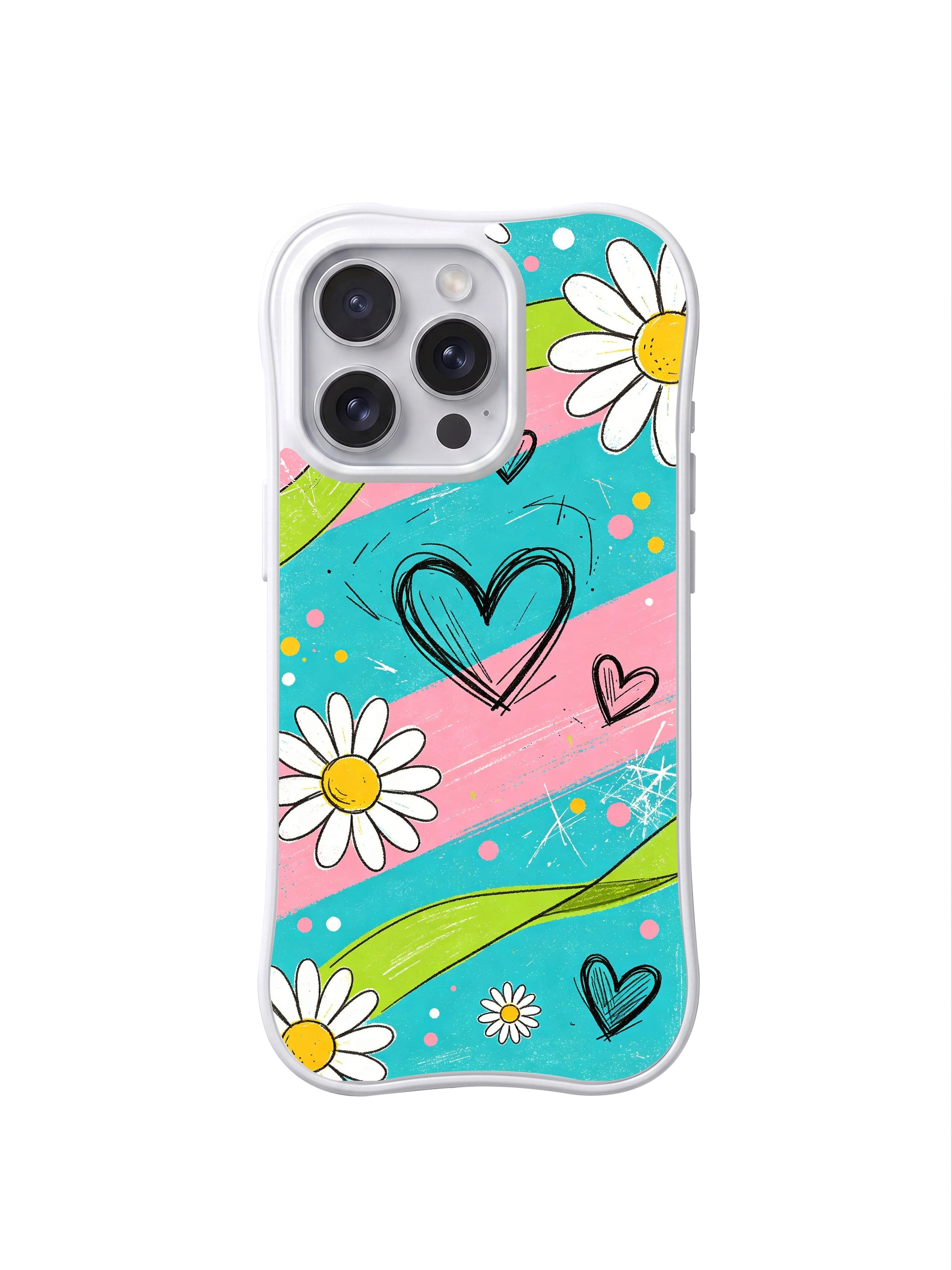 PhoneCasing iPhone 16 pro Case with breezy summer outdoor picnic street sketch wall poster composition built on electric turquoise pastel streaks and loose daisy heart doodles, exclusive Ruby Daze artist collab heavy-duty protective art case.