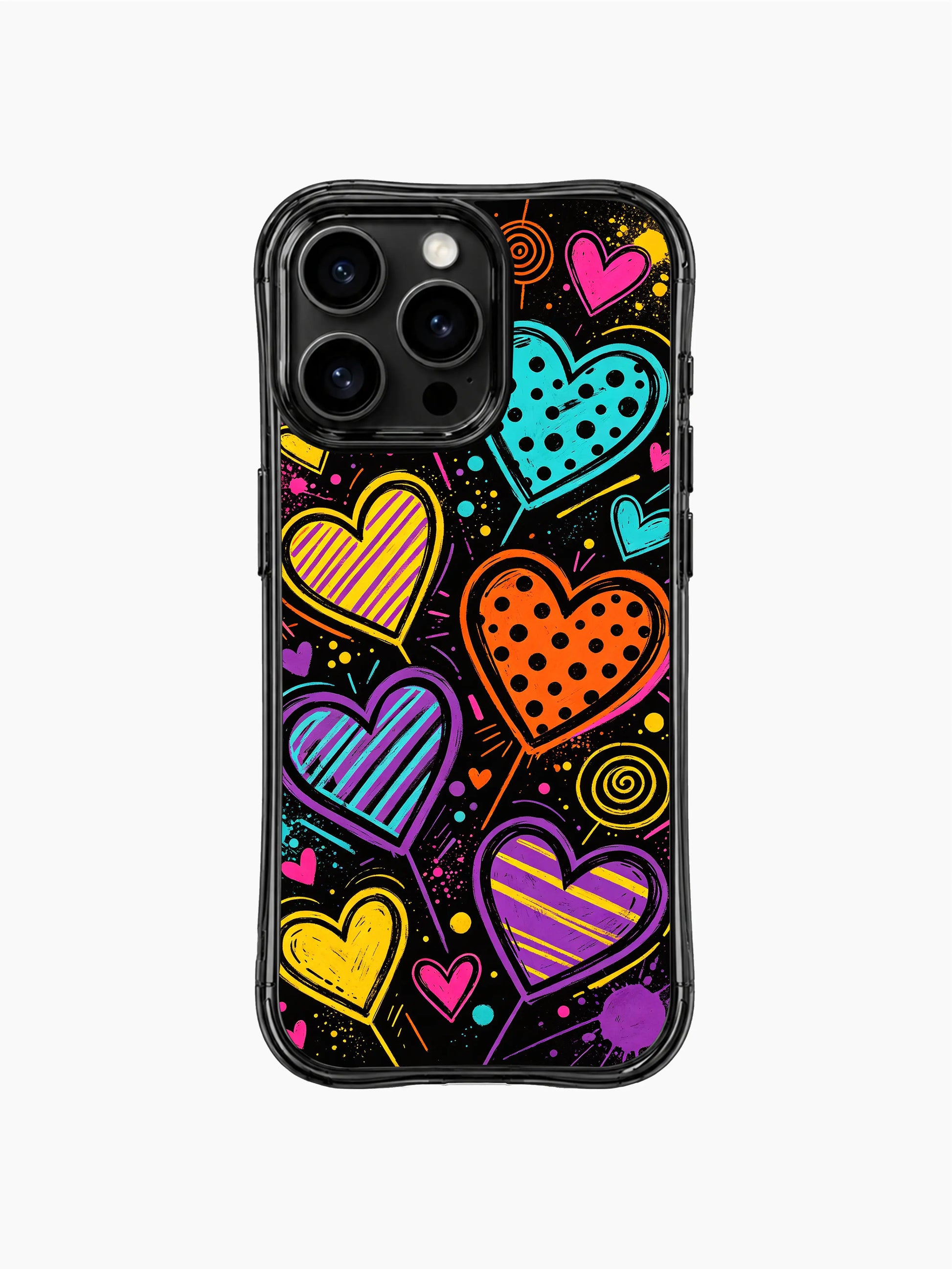 PhoneCasing iPhone 13 Pro Max casing with rainbow neon heart parade graffiti art, designed for people who love bold unapologetic romantic style.