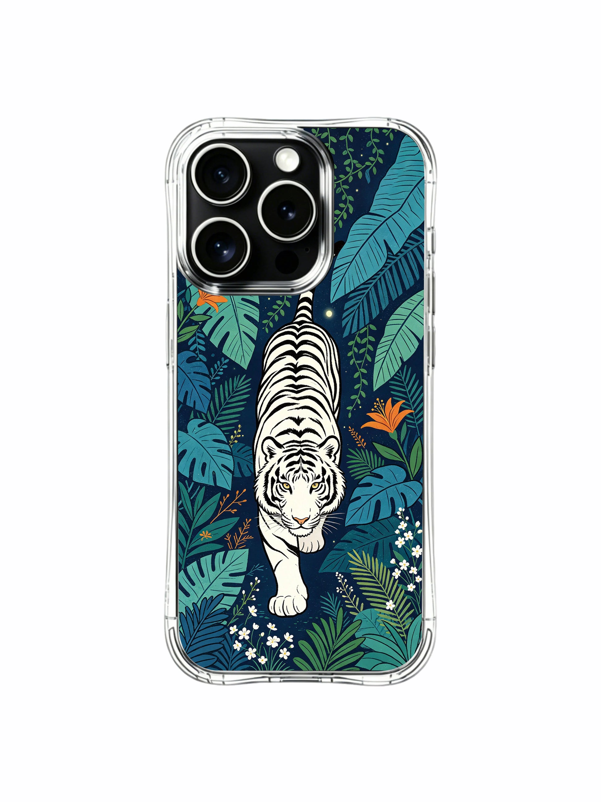 Elegant defined black striped white tiger amid blue leaves iPhone 13 Pro Case by PhoneCasing, Rufus Vale minimalist jungle phone casing, art-inspired durable everyday protective case