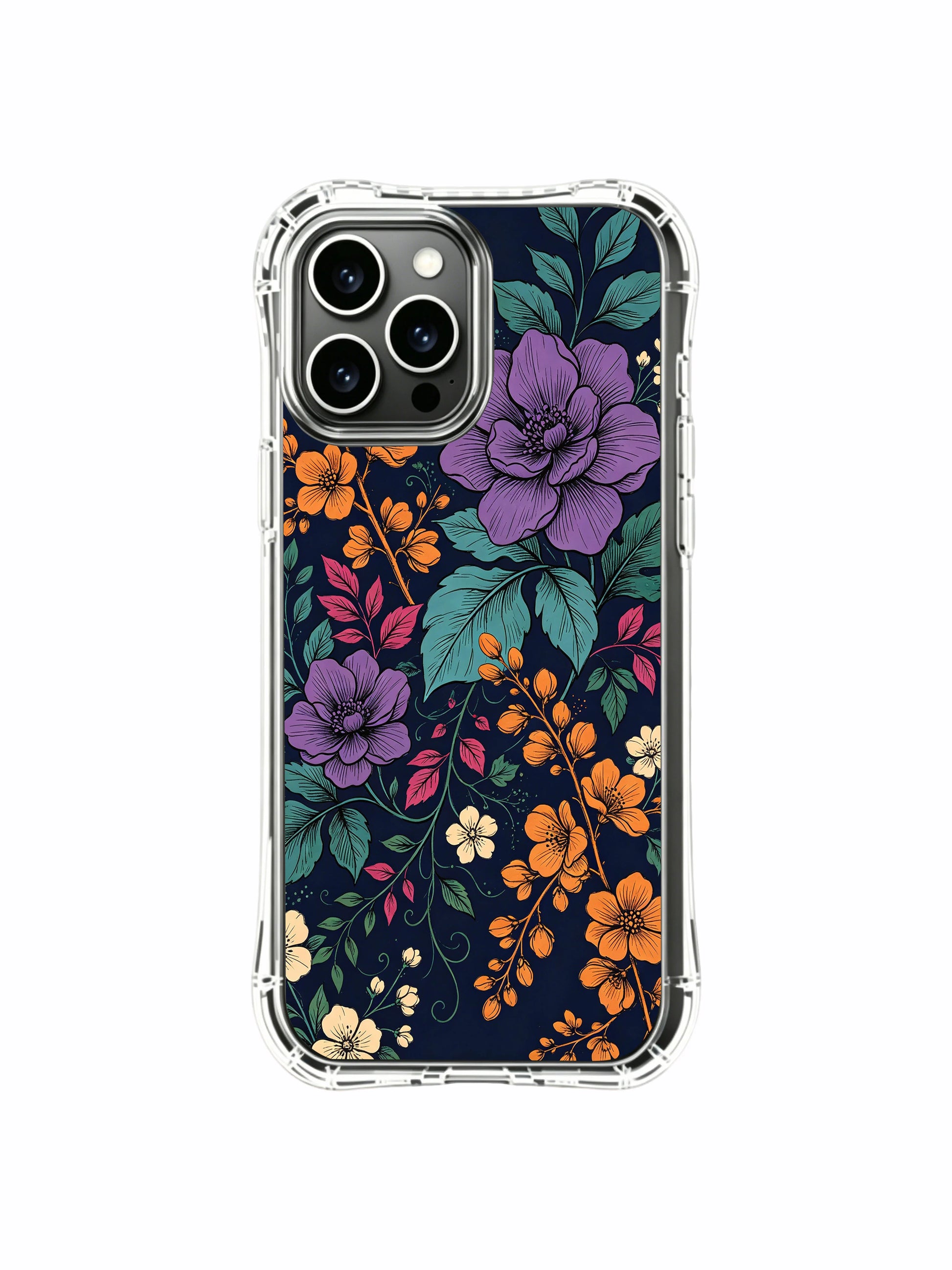 PhoneCasing iPhone 16 Pro Max Case featuring elegant night floral art. Rich purple and golden flowers on a deep blue background, slim lightweight protective case.