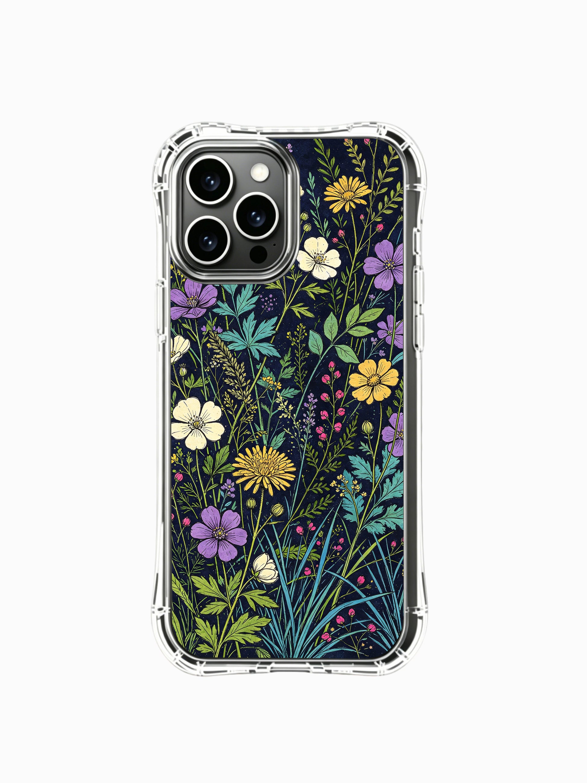 PhoneCasing iPhone 16 Pro Max Case featuring Elias Nocturne’s Amber Bloom art. Vibrant wildflowers and foliage on a deep indigo background, gallery-quality floral print.