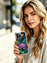 PhoneCasing iPhone 16 Pro Max Case - exclusive collaboration with artist Elias Nocturne. Wearable fine art featuring purple lotus flowers, leaves, and buds in a midnight garden theme.