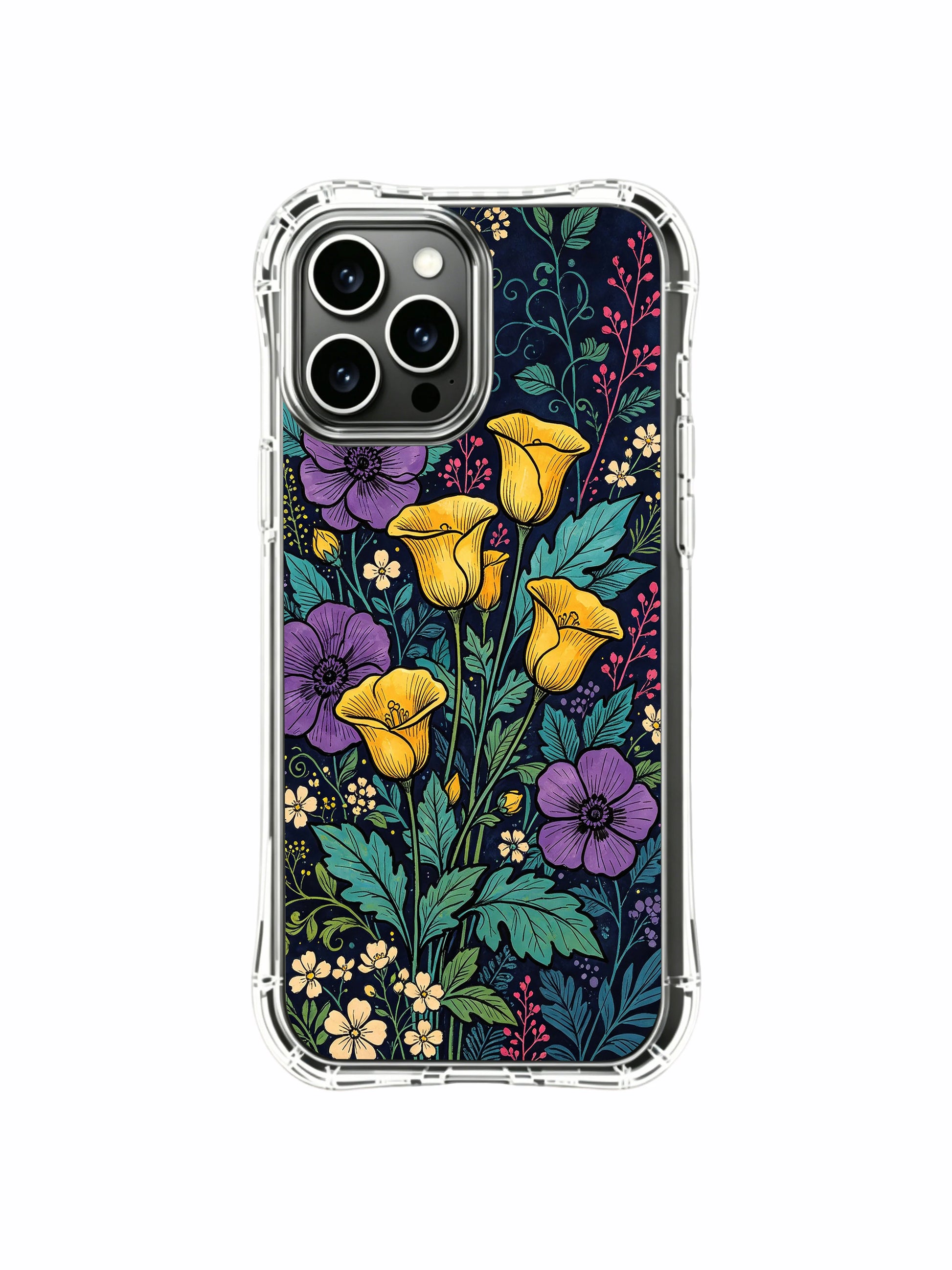 PhoneCasing iPhone 16 Pro Max Case - Elias Nocturne’s Calla Dreams design. Golden calla lilies and purple flowers, premium art case crafted in California.