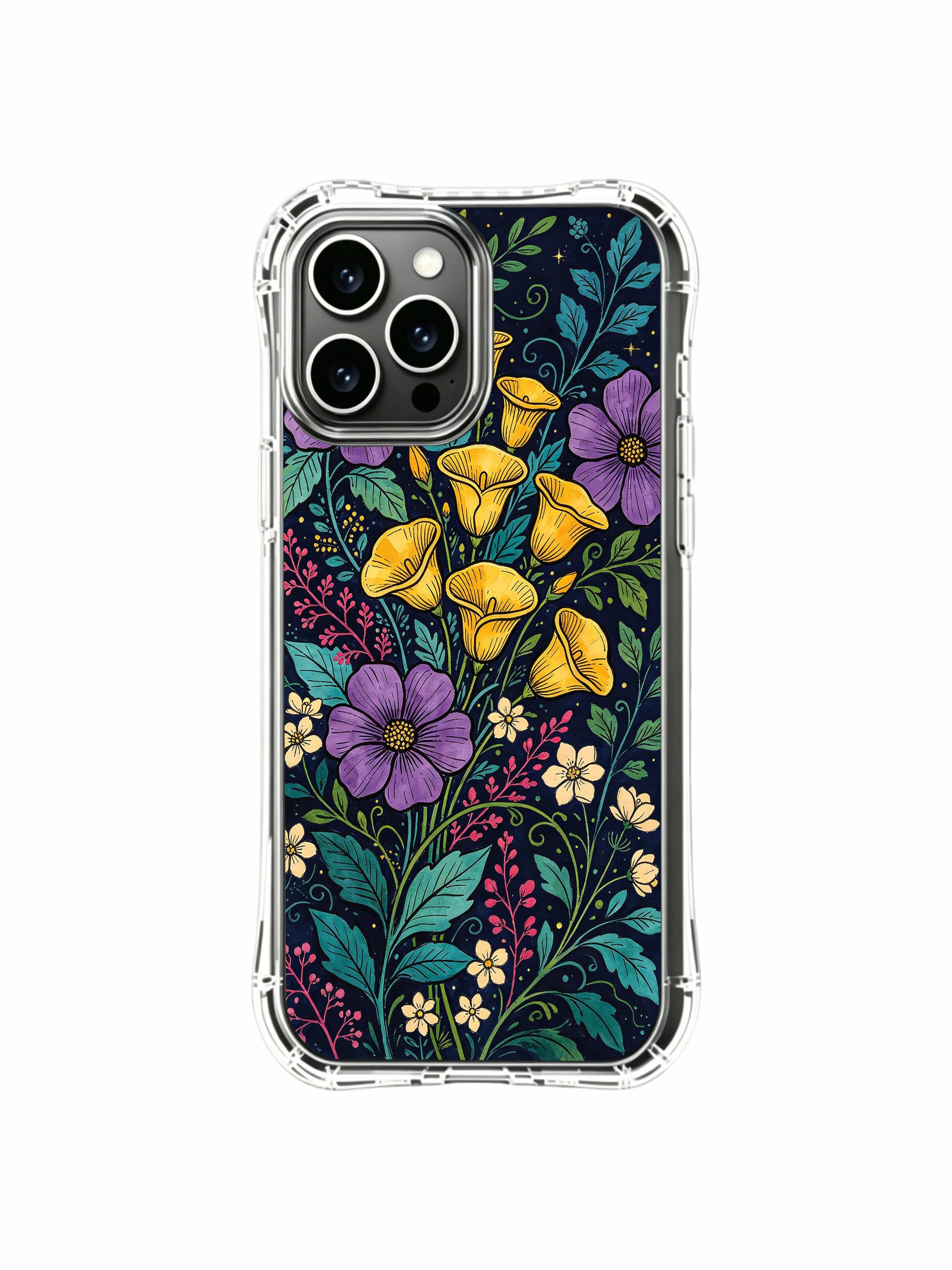 PhoneCasing iPhone 16 Pro Max Case featuring Elias Nocturne’s dark floral design. Golden calla lilies on a deep blue background, gallery-quality print.