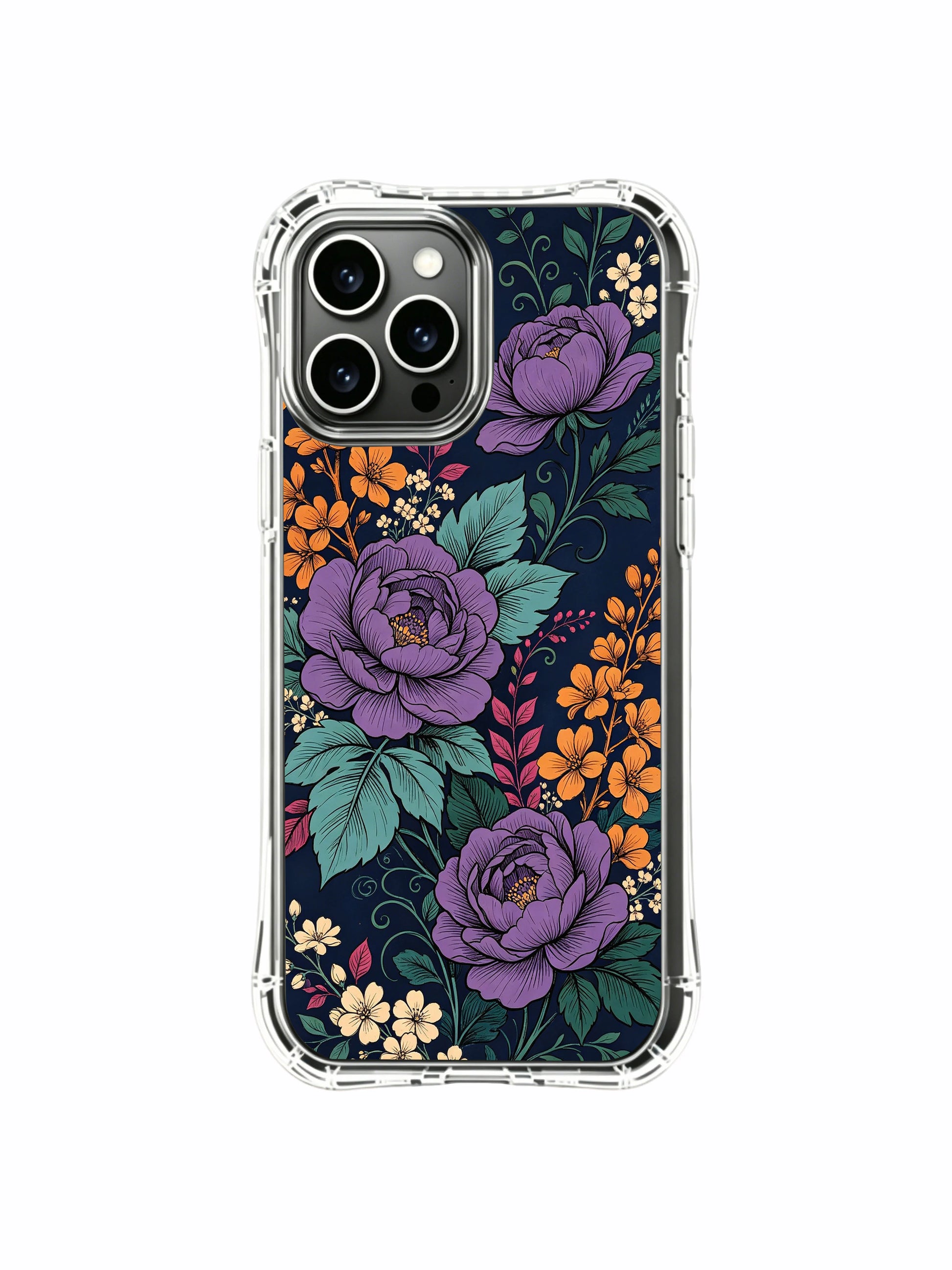 PhoneCasing iPhone 16 Pro Max Case featuring Elias Nocturne’s dark garden design. Purple and gold flowers on a deep blue background, gallery-quality print.