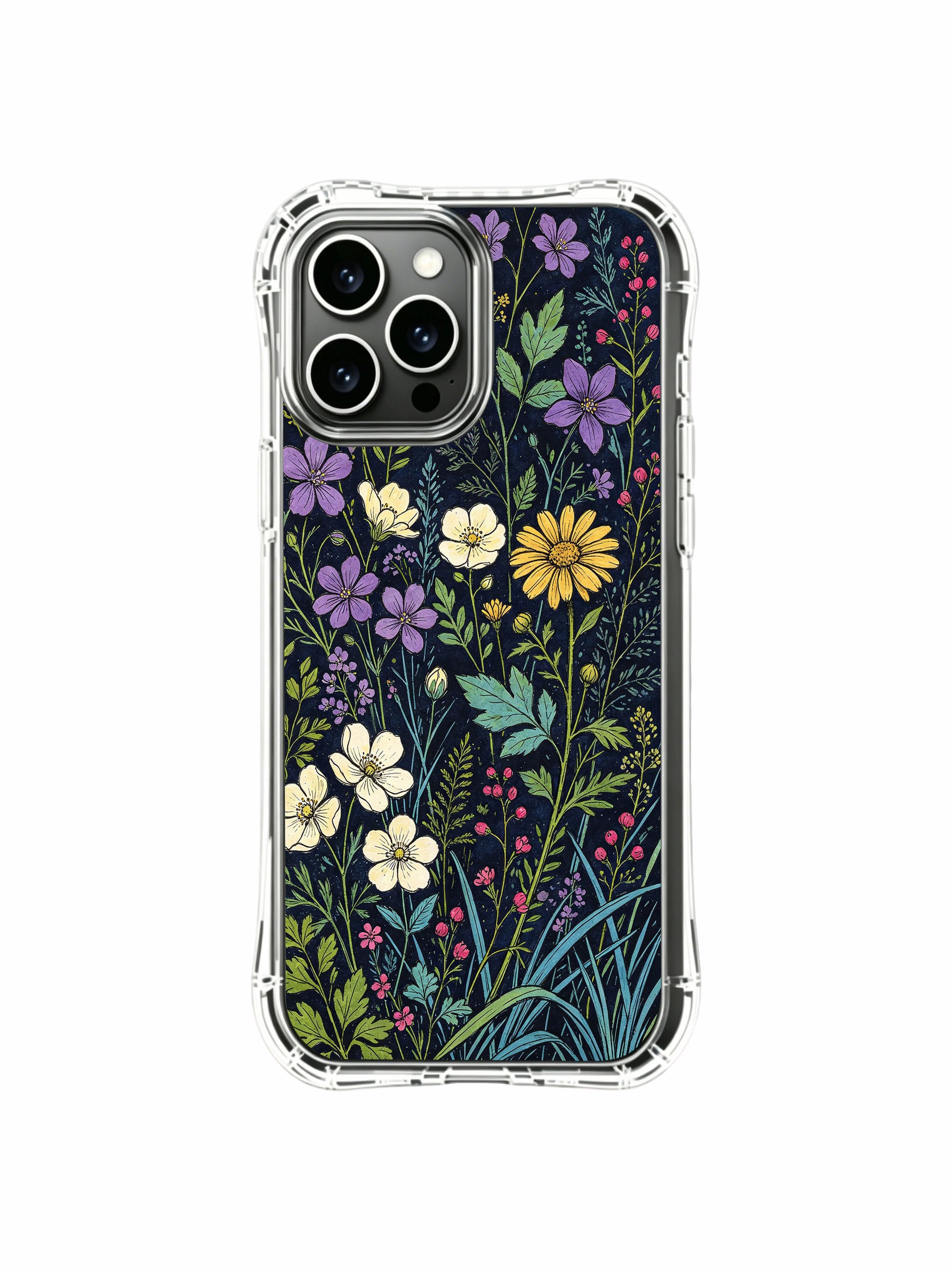 PhoneCasing iPhone 16 Pro Max Case featuring Elias Nocturne’s dark meadow design. Wildflowers on a deep blue background, gallery-quality print.