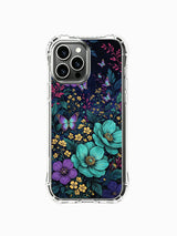PhoneCasing iPhone 13 pro max Case featuring Elias Nocturne's "Dream Butterfly Garden" art, a magical floral print with teal peonies and purple butterflies.