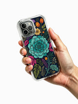 PhoneCasing iPhone 16 Pro Max Case - exclusive Elias Nocturne embroidered floral art. Teal night flower dream design, high-quality illustrated case for art lovers.