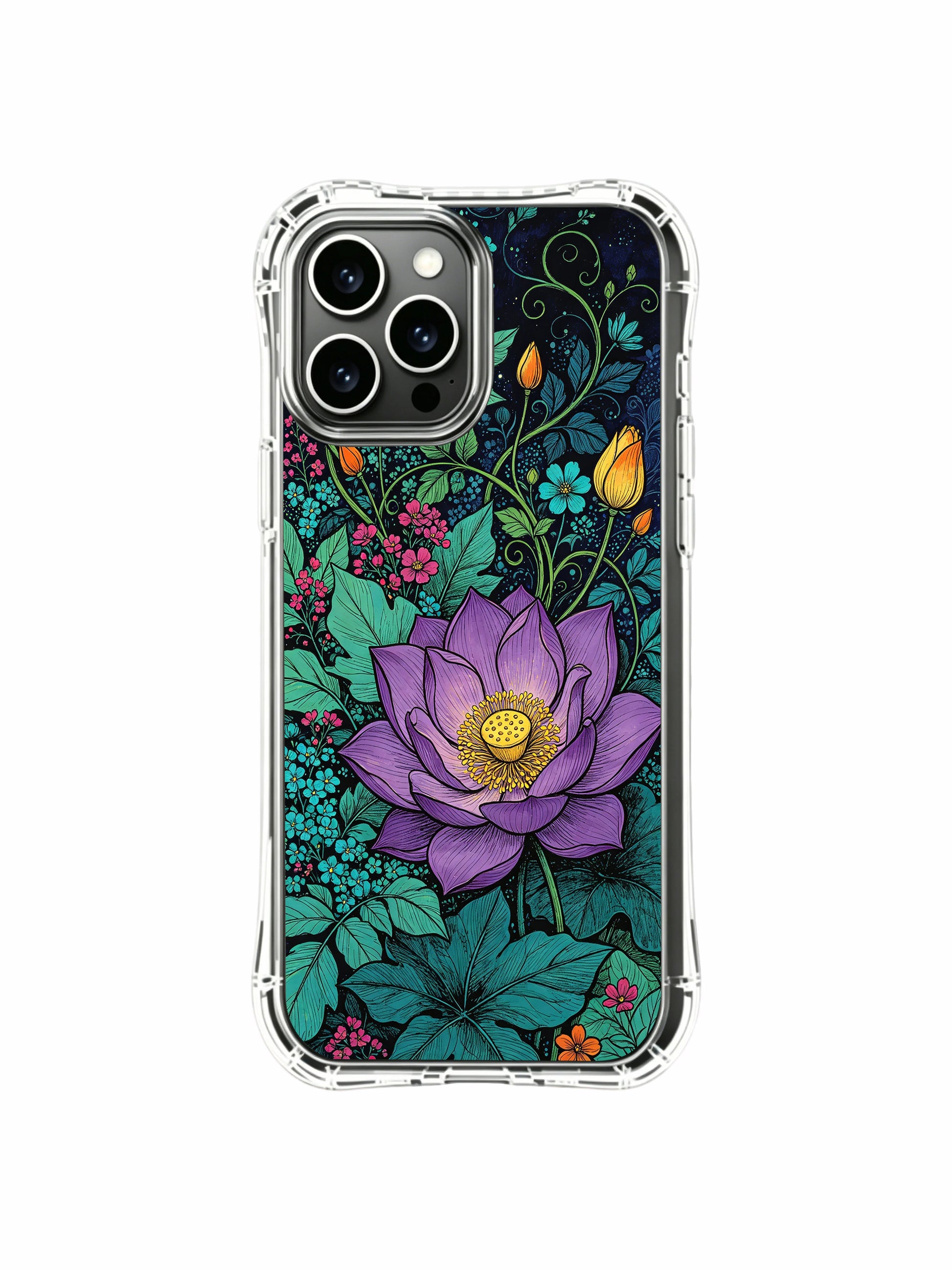 PhoneCasing iPhone 16 Pro Max Case - exclusive Elias Nocturne design from the Midnight Purple Lotus Garden. Artistic floral print, durable protective case made in California.