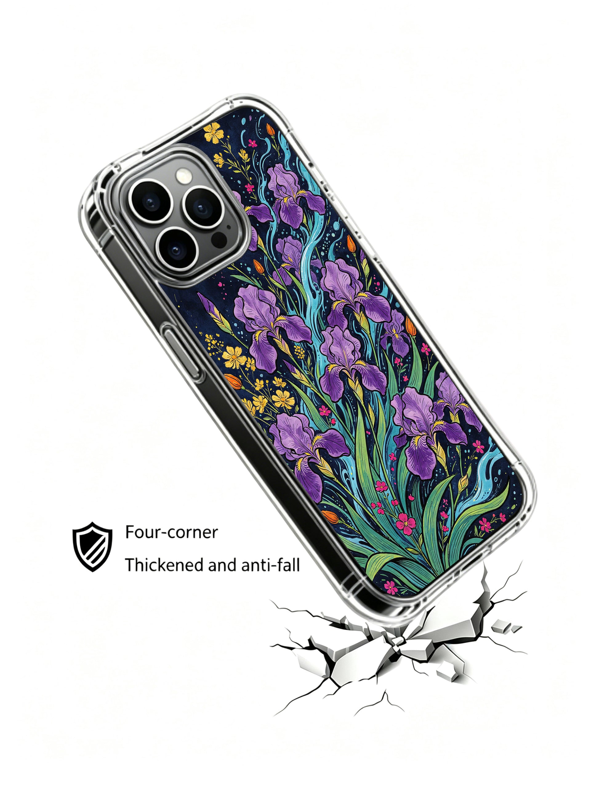 PhoneCasing iPhone 16 Pro Max Case featuring Elias Nocturne's "Flowing Garden" art, where irises and foliage create a sense of movement.