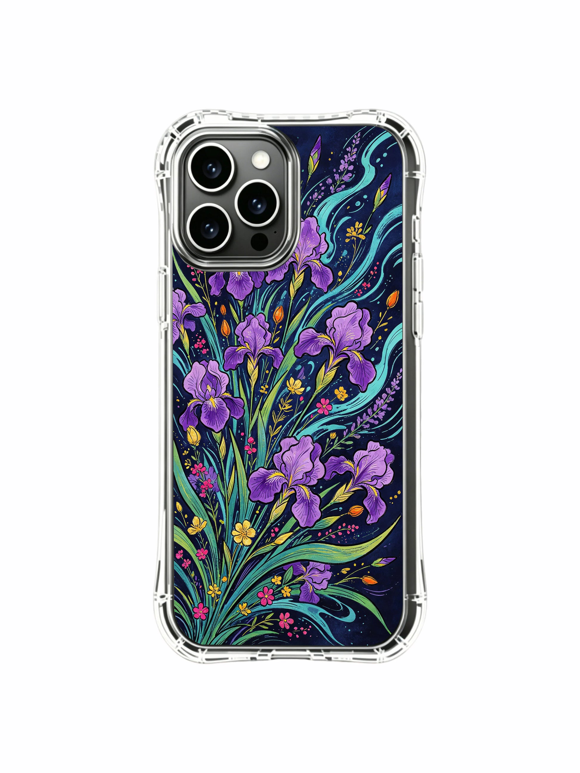 PhoneCasing iPhone 16 Pro Max Case featuring Elias Nocturne's "Iris Waterfall" art, a cascading wave of purple blooms.
