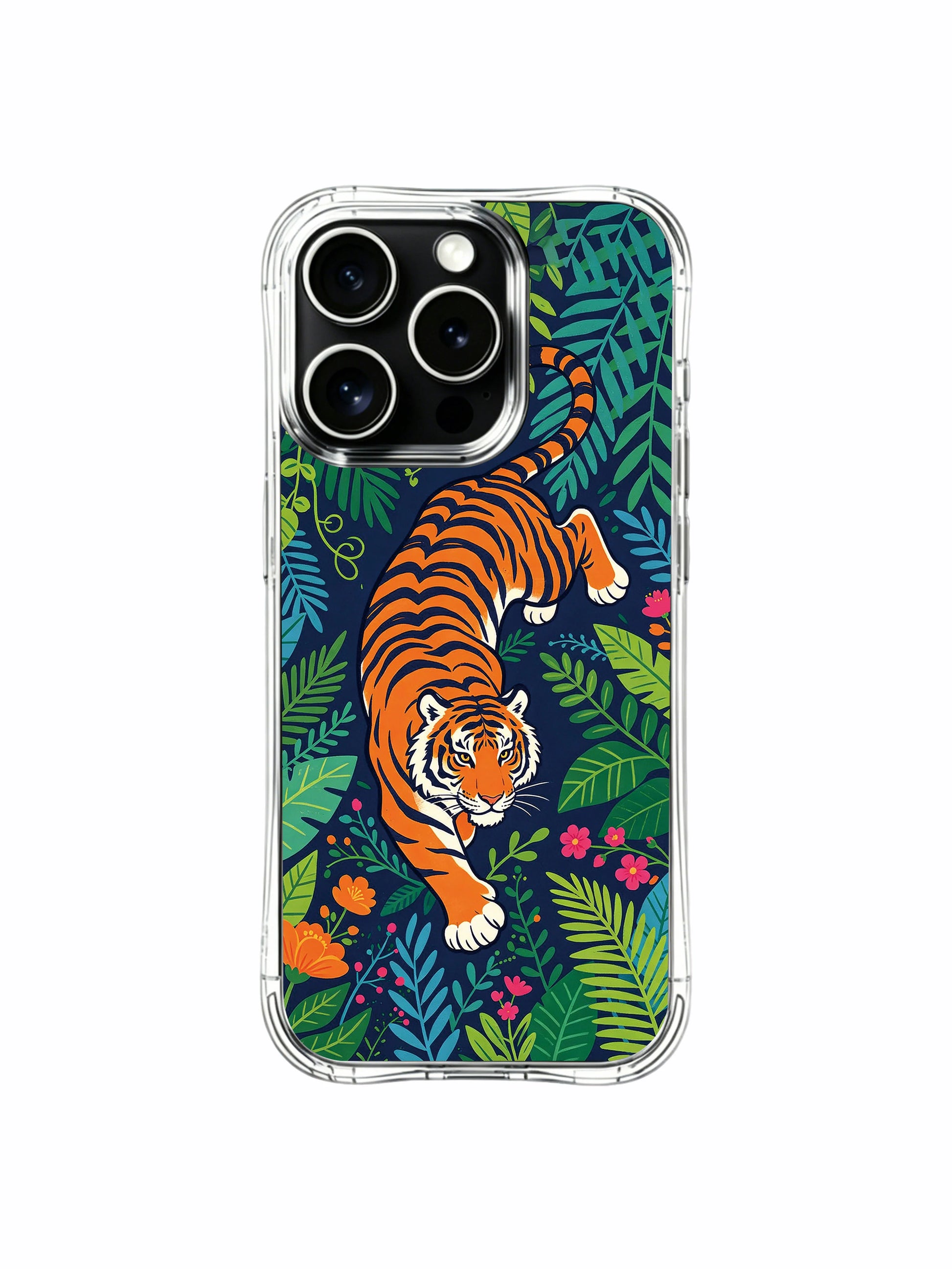 Limited fine art iPhone 13 pro Case from PhoneCasing, exclusive Elias Nocturne jungle pounce orange tiger artwork cover, vivid tropical floral illustrated premium protective casing handmade inside California art workshop