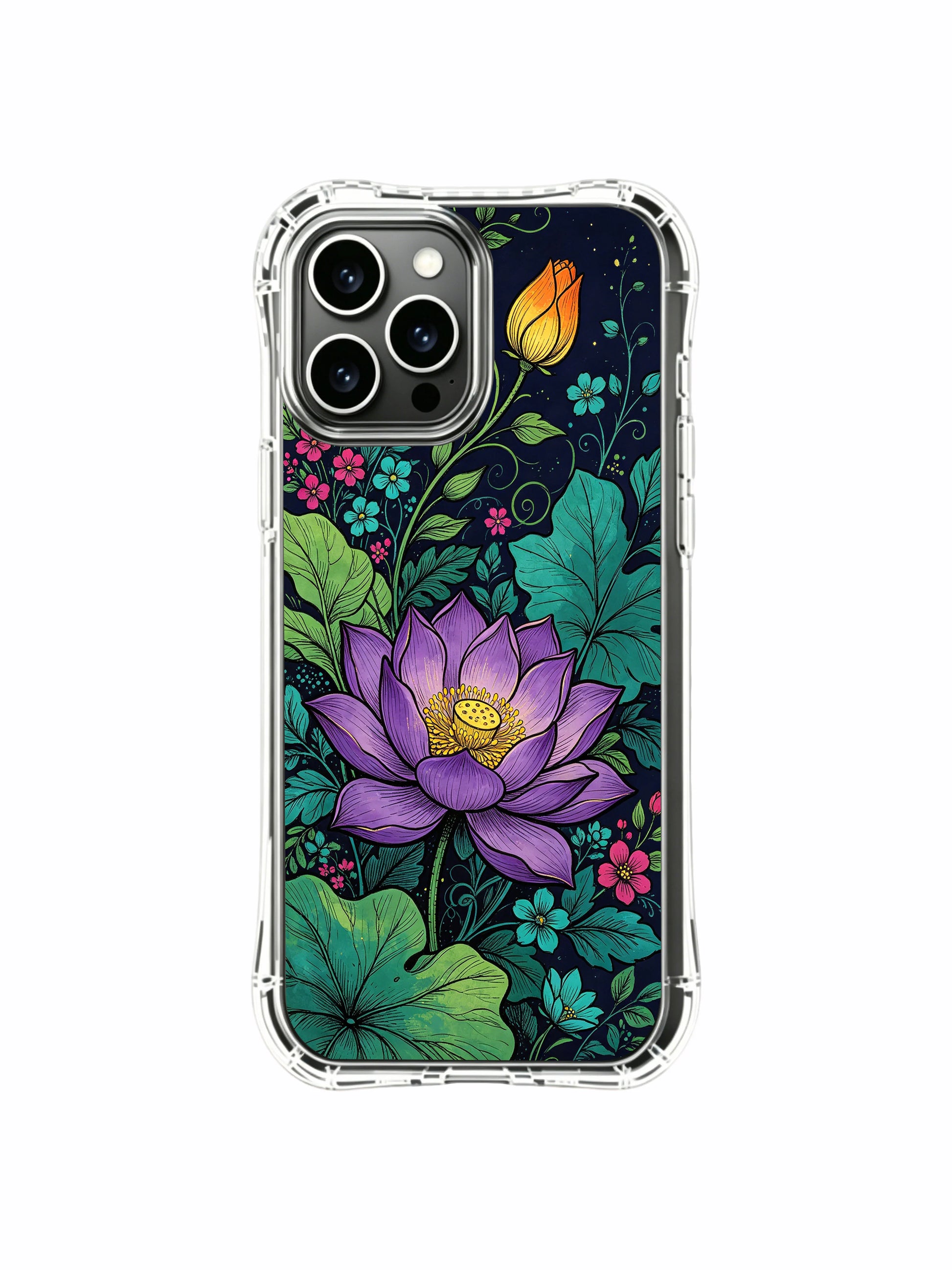 PhoneCasing iPhone 16 Pro Max Case featuring Elias Nocturne’s Midnight Purple Lotus Garden art. Gallery-quality printed floral case, durable and stylish for your device.
