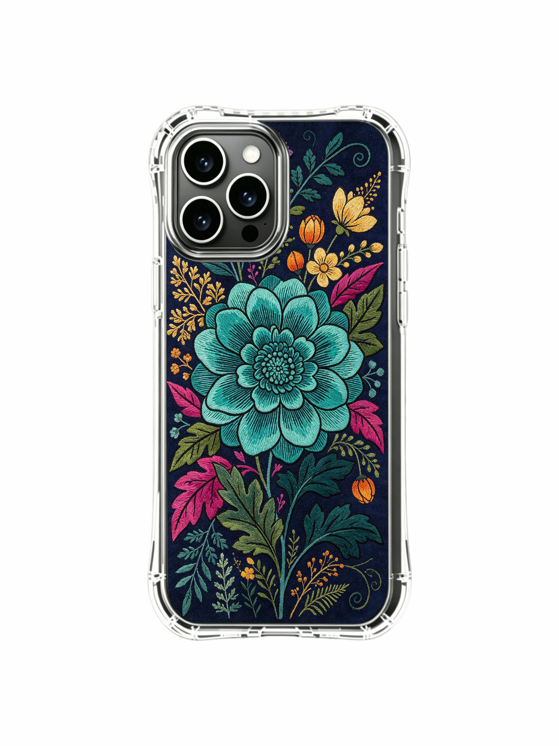 PhoneCasing iPhone 16 Pro Max Case - Elias Nocturne’s Night Bloom art. Teal flower tapestry design, premium protective case with fade-resistant print.