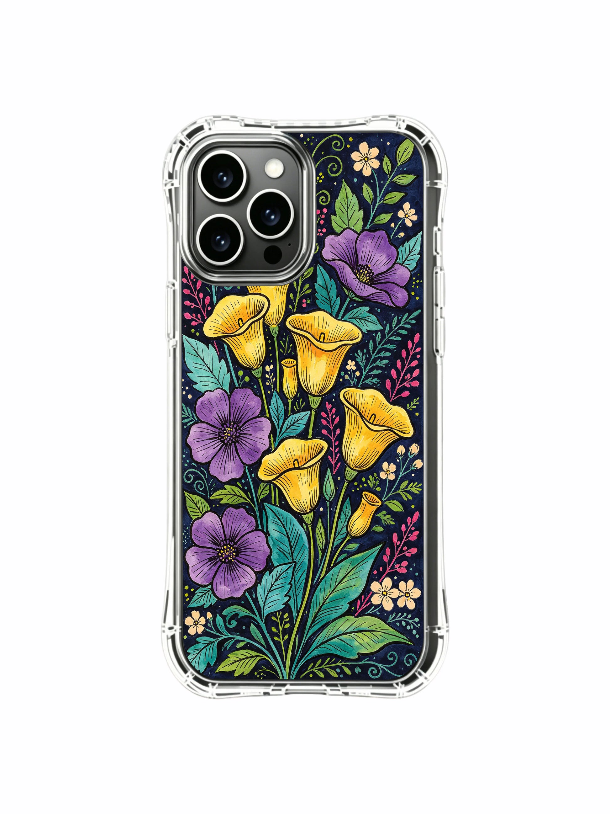 PhoneCasing iPhone 16 Pro Max Case - Elias Nocturne’s Night Bouquet design. Yellow calla lilies and purple flowers, high-quality protective case.