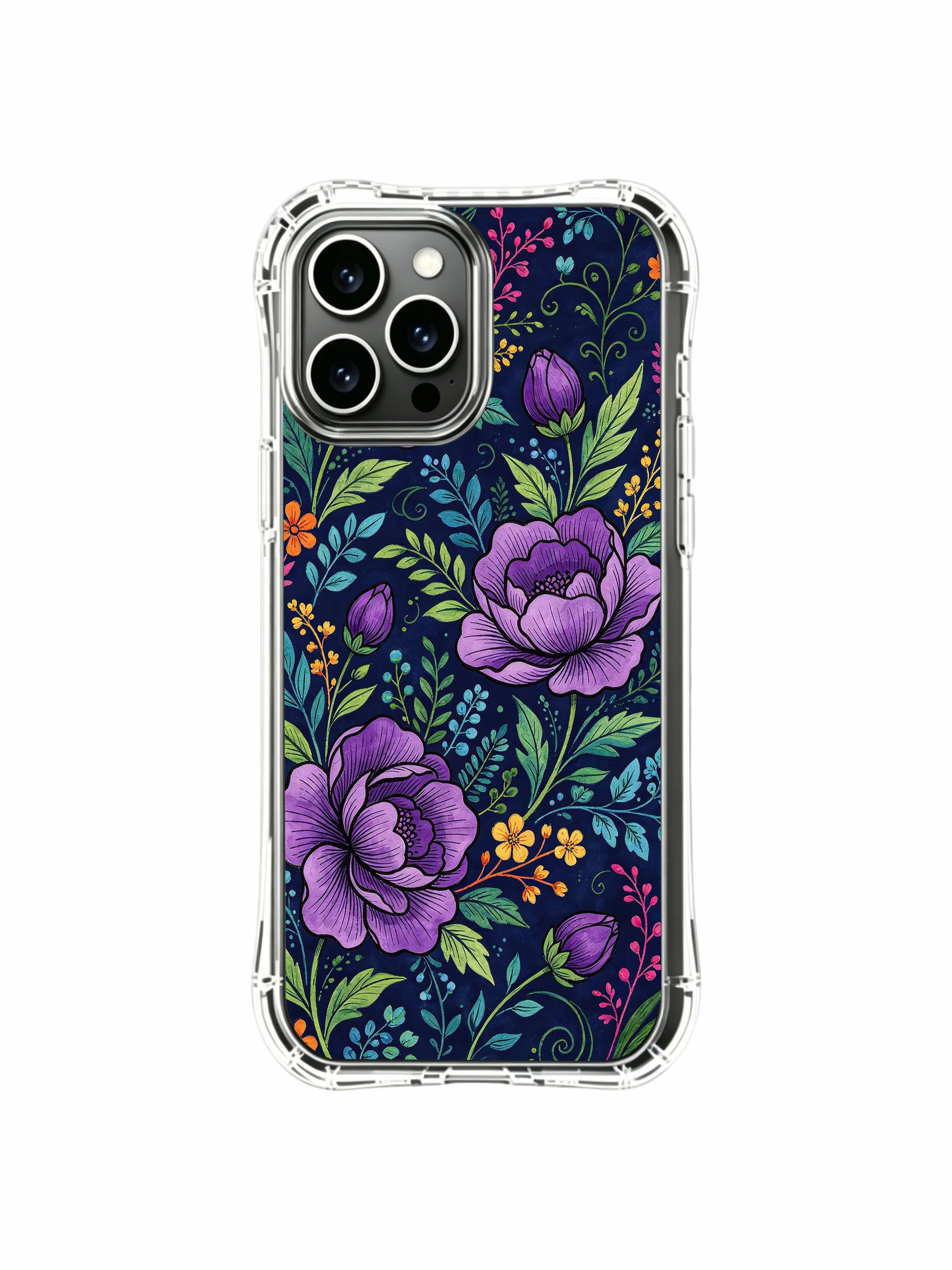 PhoneCasing iPhone 16 Pro Max Case - Elias Nocturne’s Night Peony design. Purple peonies and wildflowers, high-quality protective case.