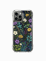 PhoneCasing iPhone 16 Pro Max Case featuring Elias Nocturne’s Night Wildflower Tapestry art. Delicate wildflowers in purple, yellow and white bloom on a deep indigo background, gallery-quality floral print.
