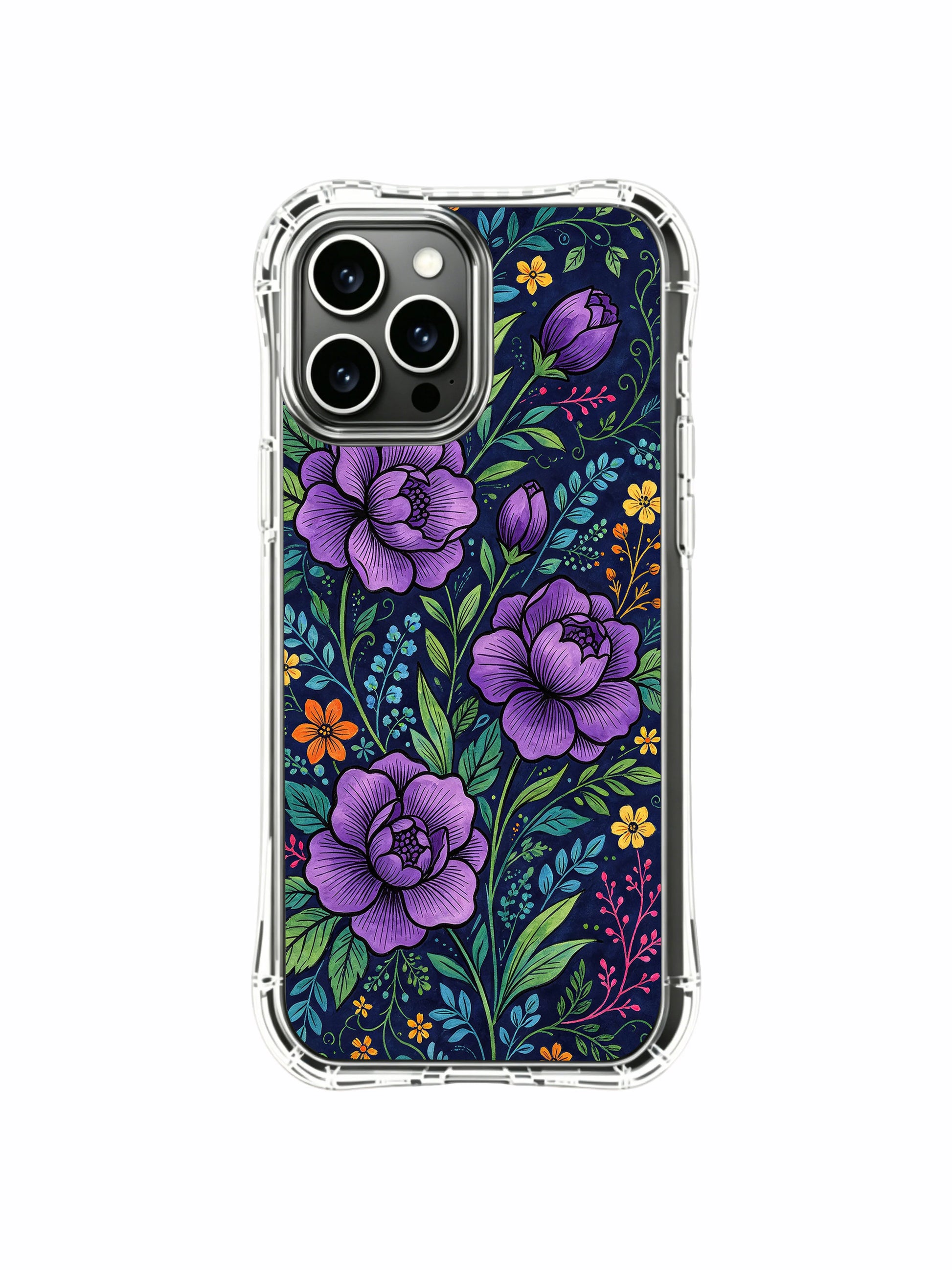 PhoneCasing iPhone 16 Pro Max Case - Elias Nocturne’s Peony Dreams design. Purple peonies and wildflowers, premium art case crafted in California.