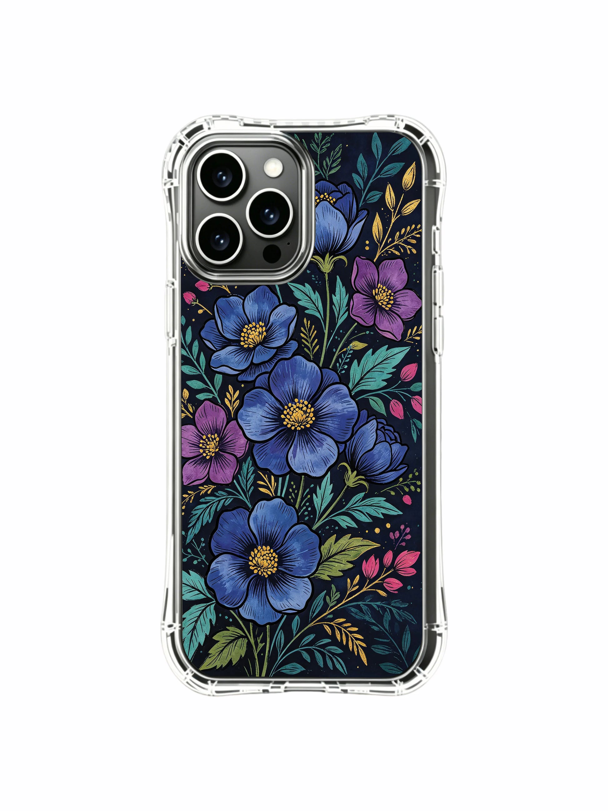 PhoneCasing iPhone 16 Pro Max Case featuring Elias Nocturne's purple and blue flora, a classic dark floral style.